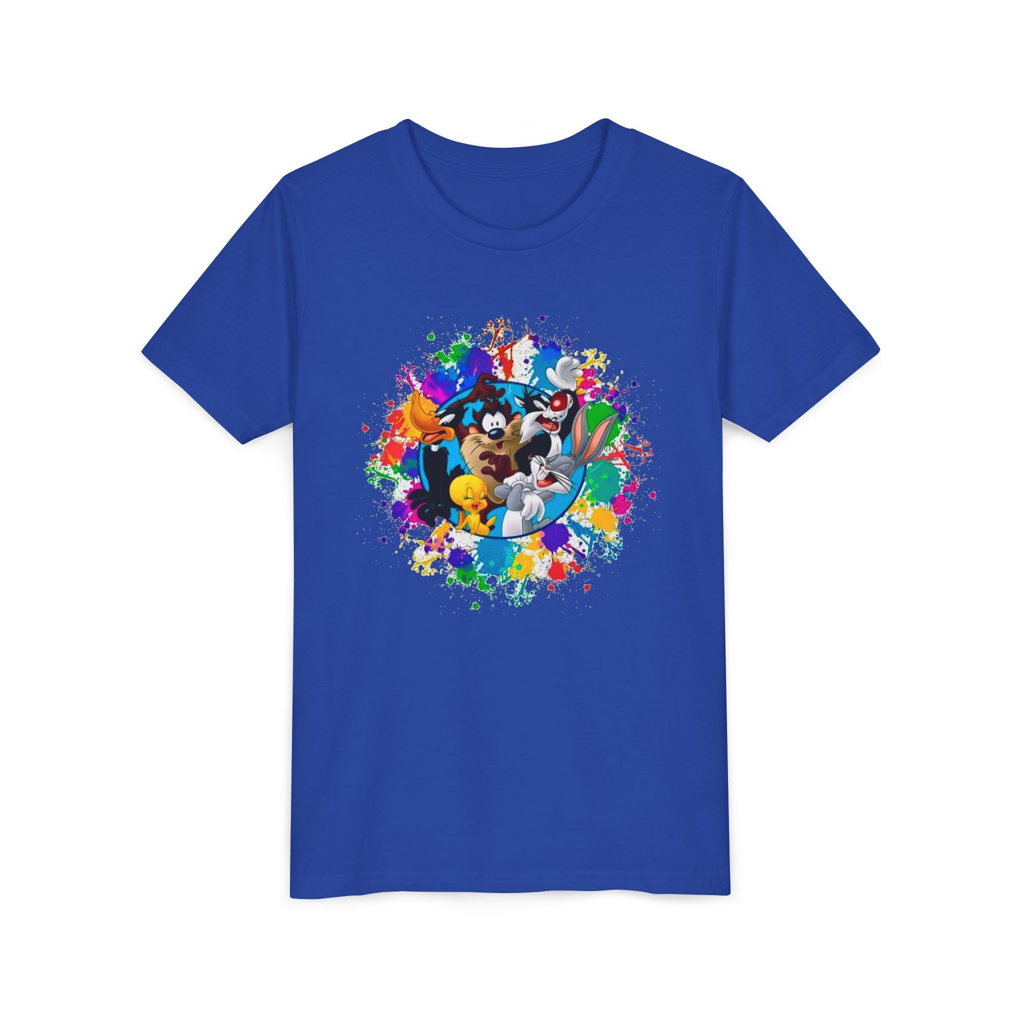 Youth crew-neck tee in blue with colorful cartoon splash graphic on chest