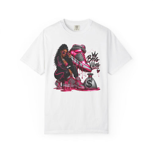 White short-sleeve t-shirt with centered pink sneaker girl graphic and “Boss Vibes”