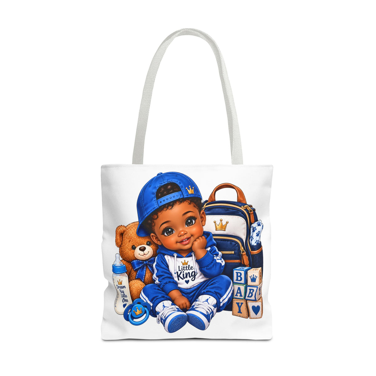 Baby Boy Tote Bag — 'Little King' Blue Nursery Illustration