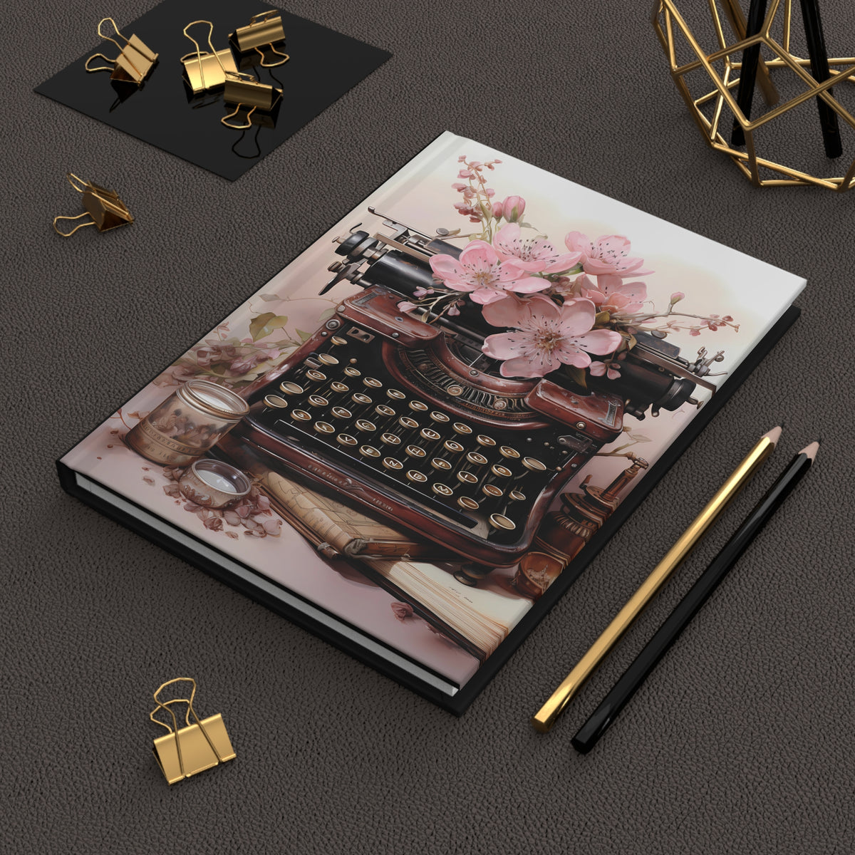 Vintage Typewriter Floral Hardcover Journal — Writer's Notebook Gift