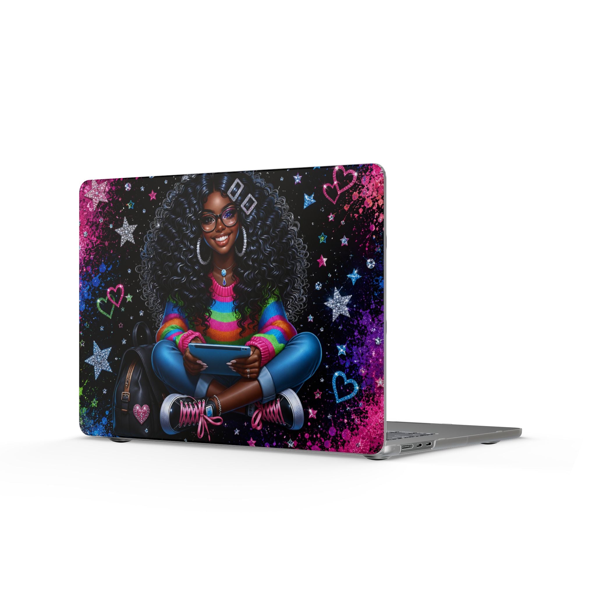 Afro Girl with Rainbow Sweater MacBook Case | Cute Star & Heart Laptop Skin