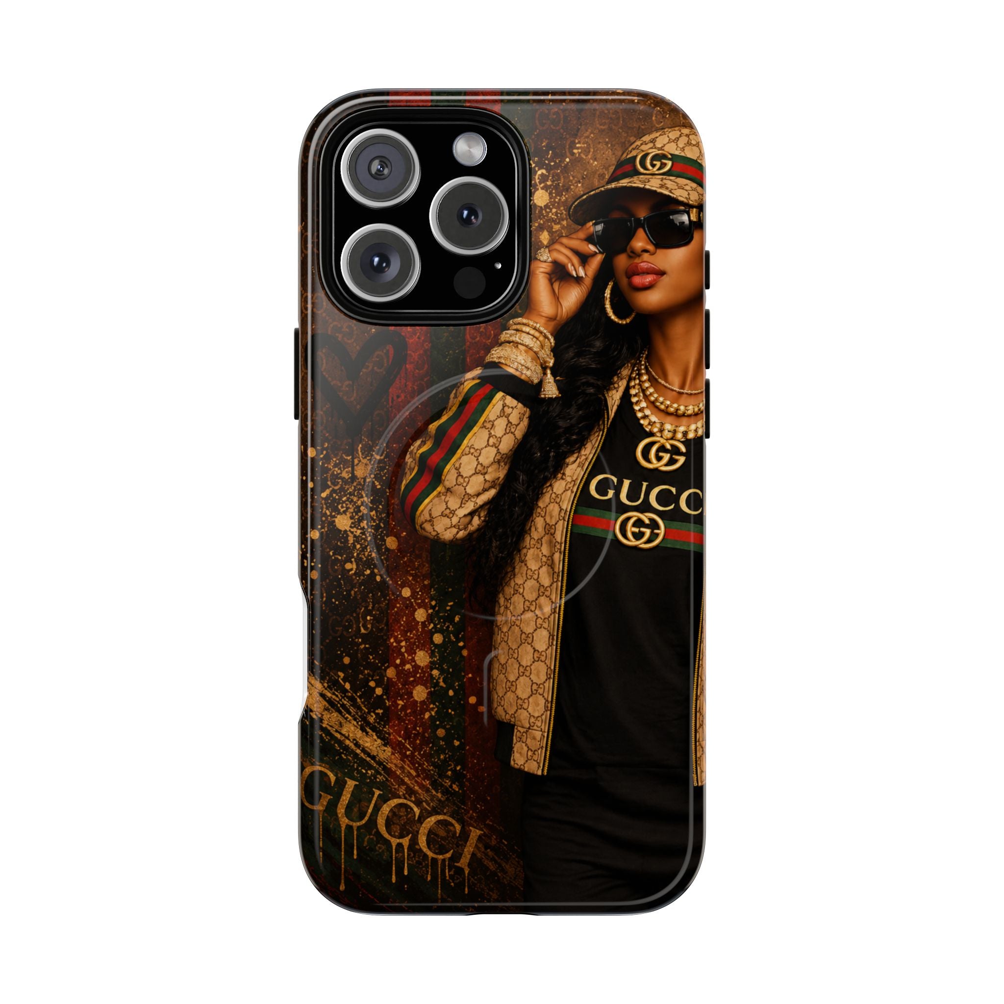 Tough magnetic phone case, Gucci gold/black street design, triple-lens cutout