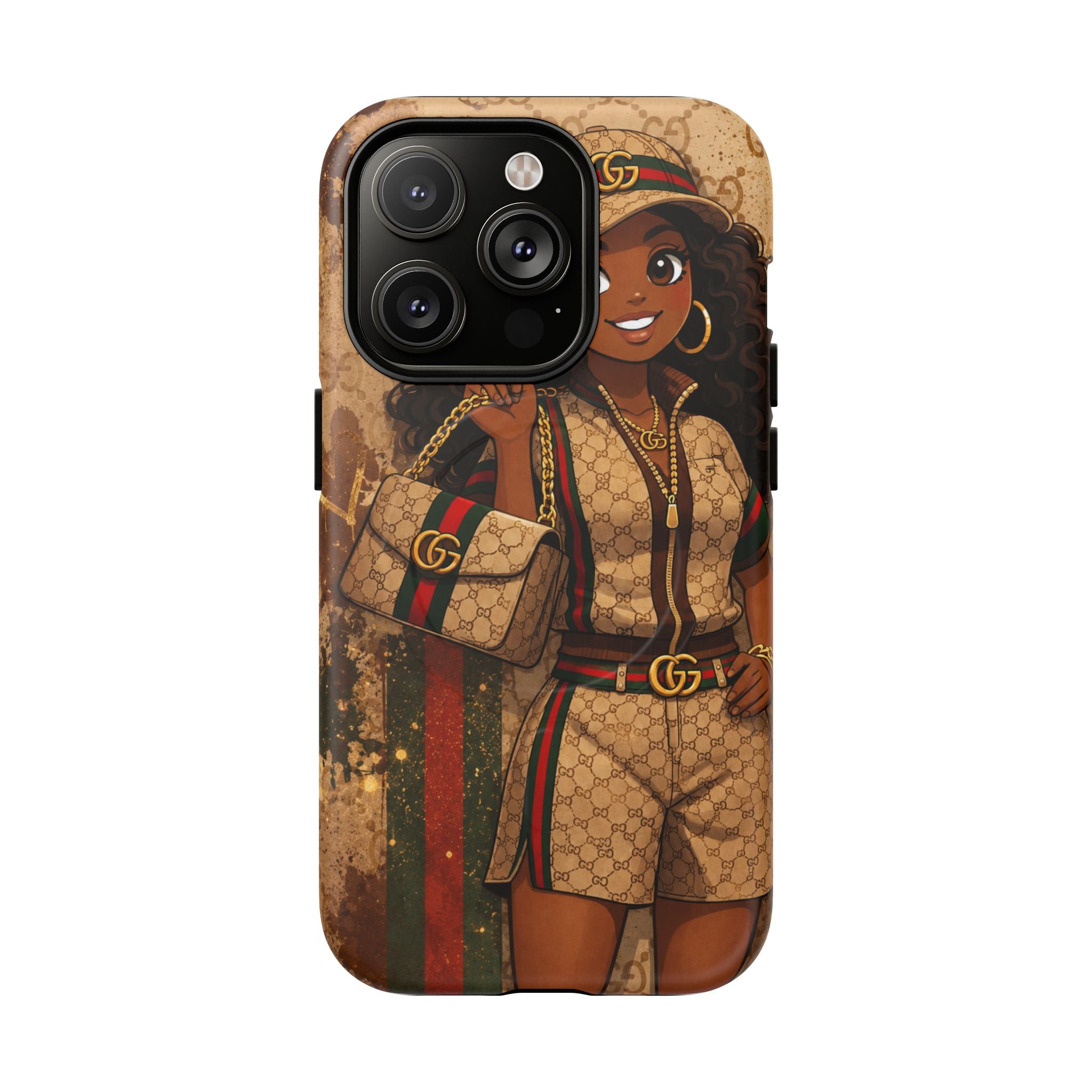 Phone case with gold-brown illustrated portrait, black camera module, and side grip edge