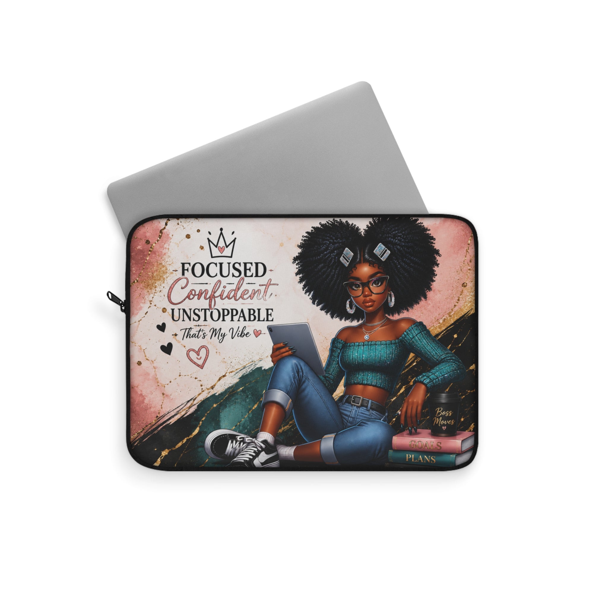 Focused Confident Unstoppable Laptop Sleeve | Afro Girl Scholar Illustration
