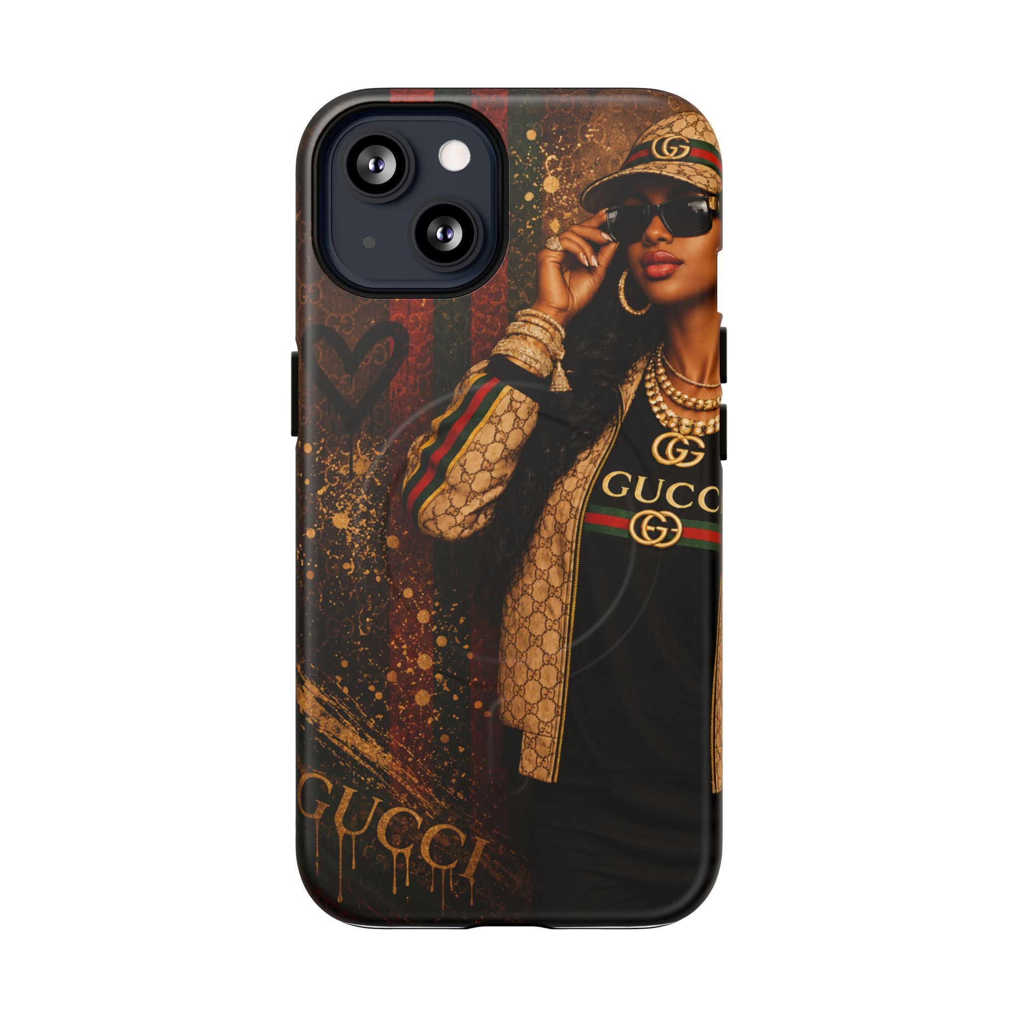 Black luxury phone case with Gucci portrait design and triple camera cutouts