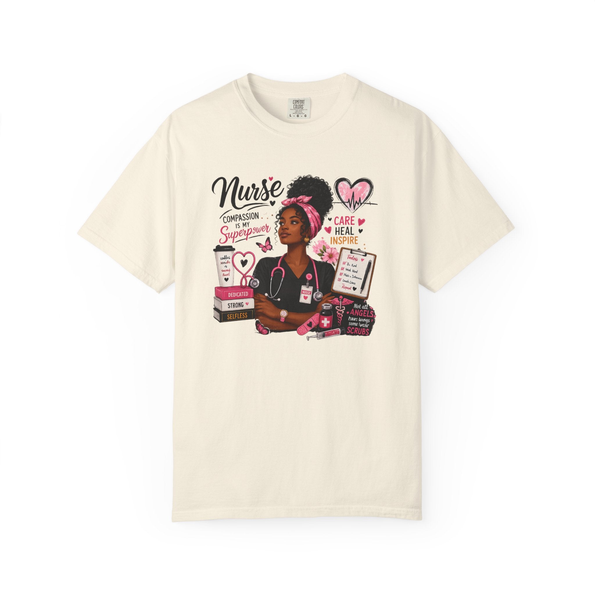 Ivory nurse graphic t-shirt with colorful illustrated nurse and hearts.