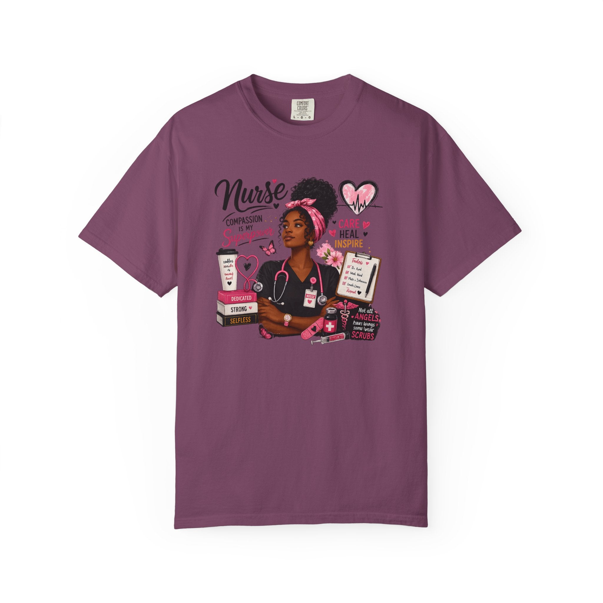 Berry purple nurse graphic t-shirt with illustrated portrait, hearts, and text on front.