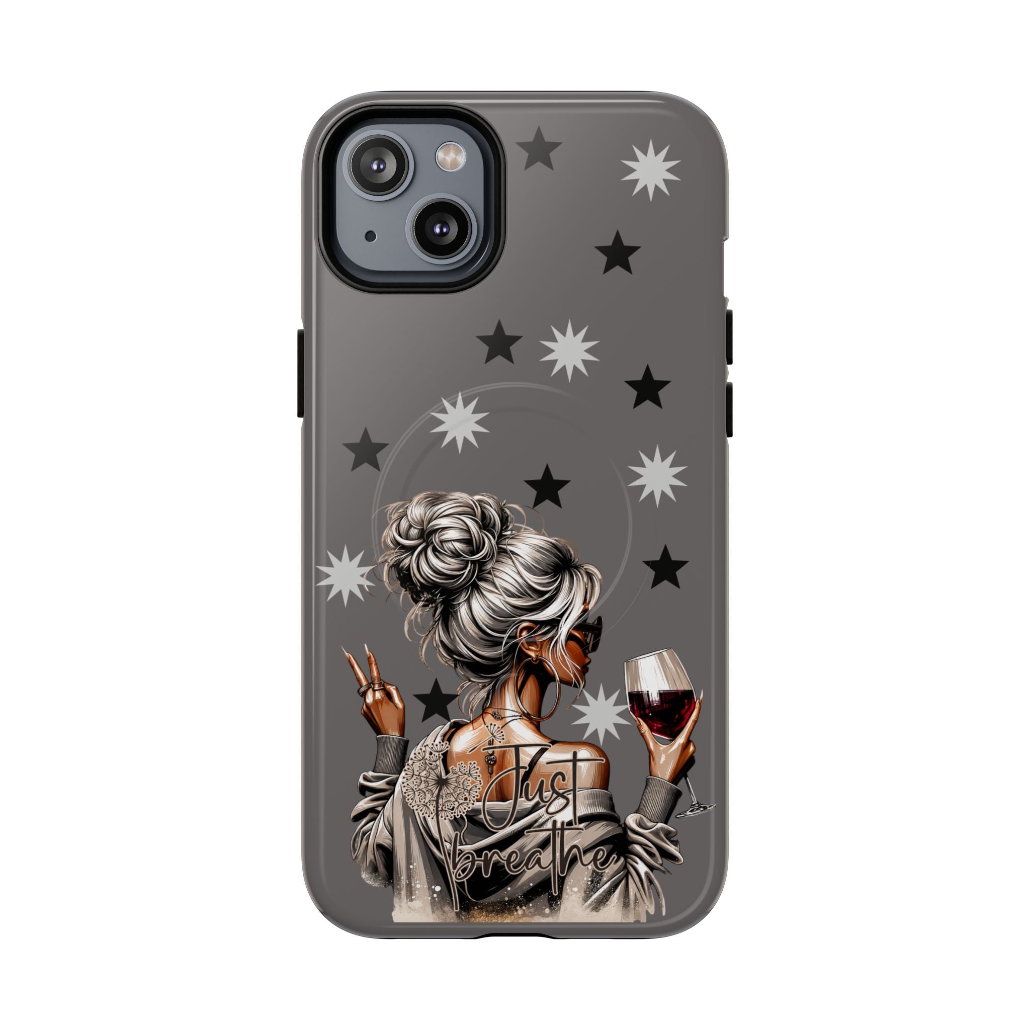 Dark gray phone case with star pattern and illustrated woman holding wine, Just Breathe text