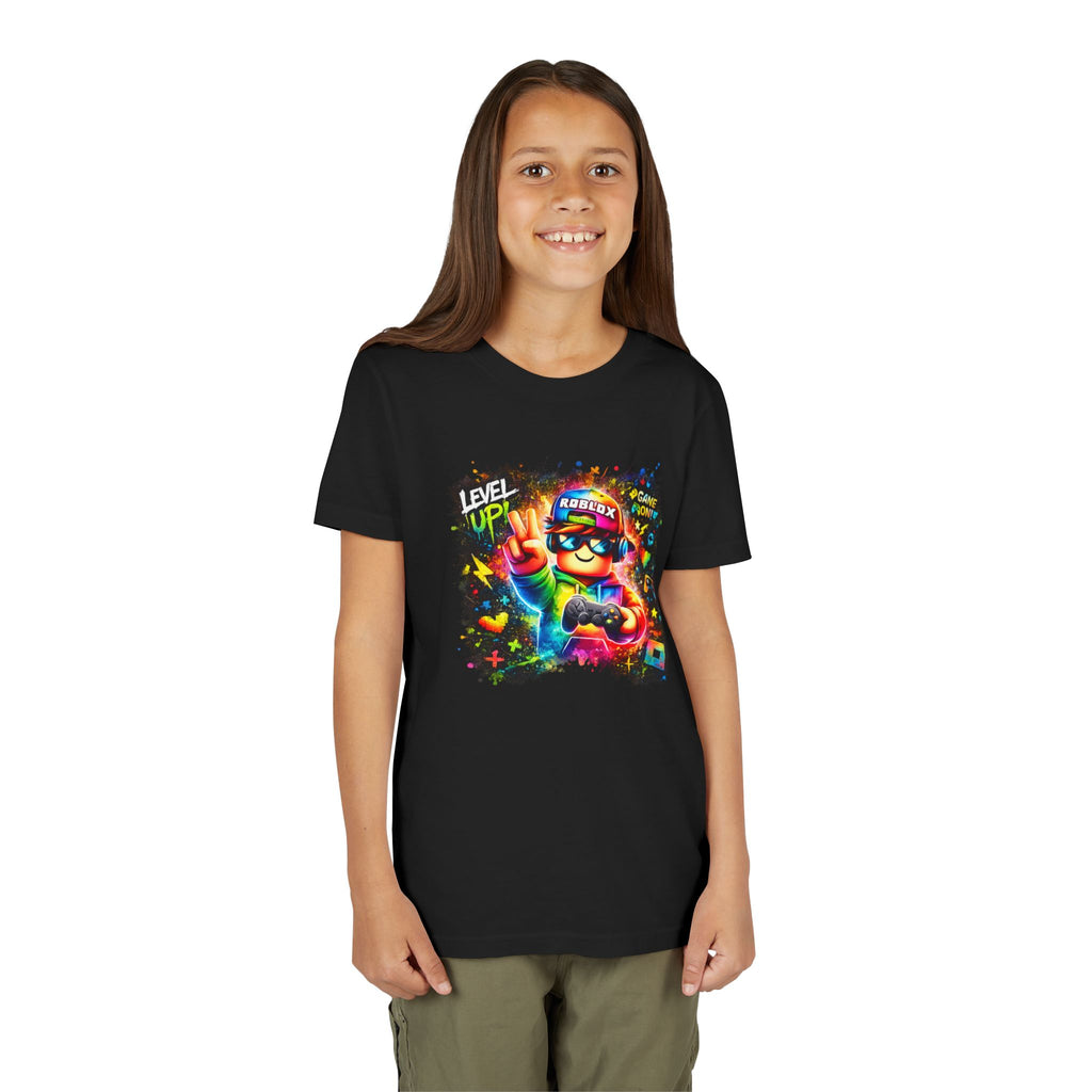Level Up Gamer Character Youth Tee | Colorful Rainbow Gaming Design