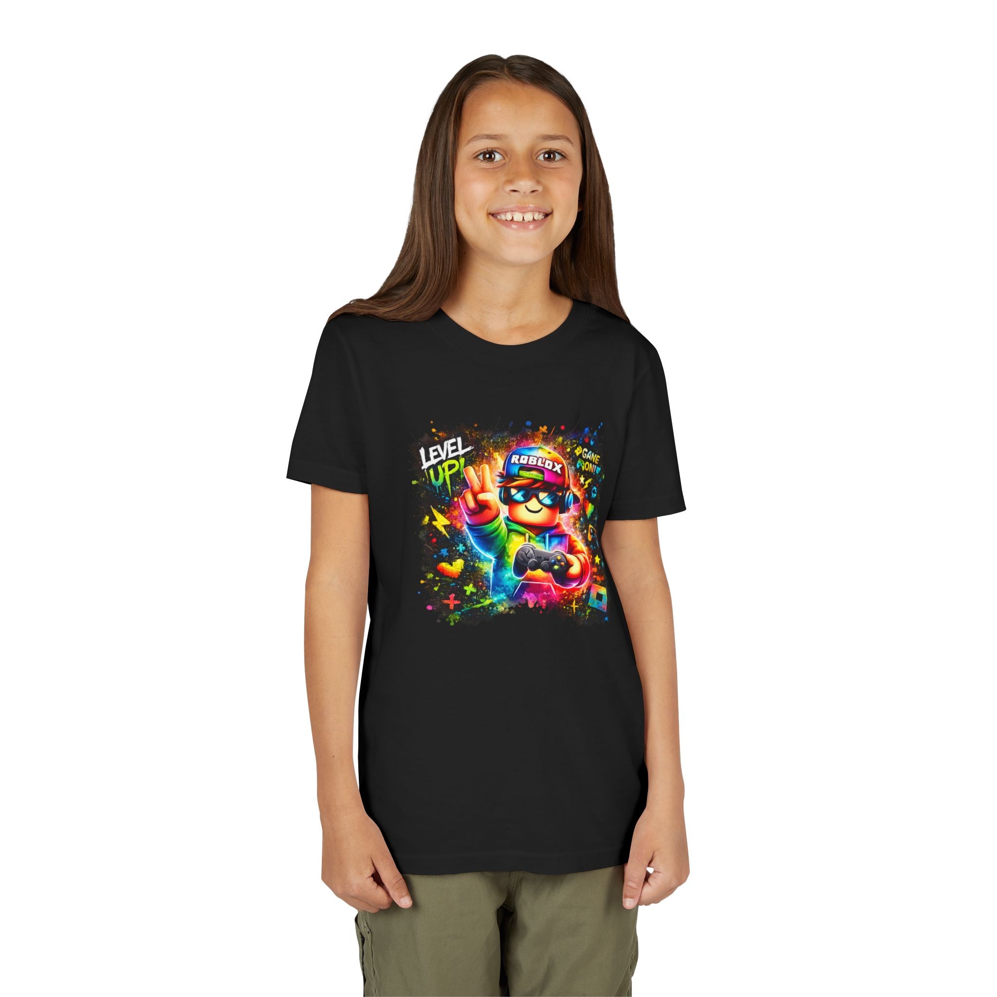 Level Up Gamer Character Youth Tee | Colorful Rainbow Gaming Design