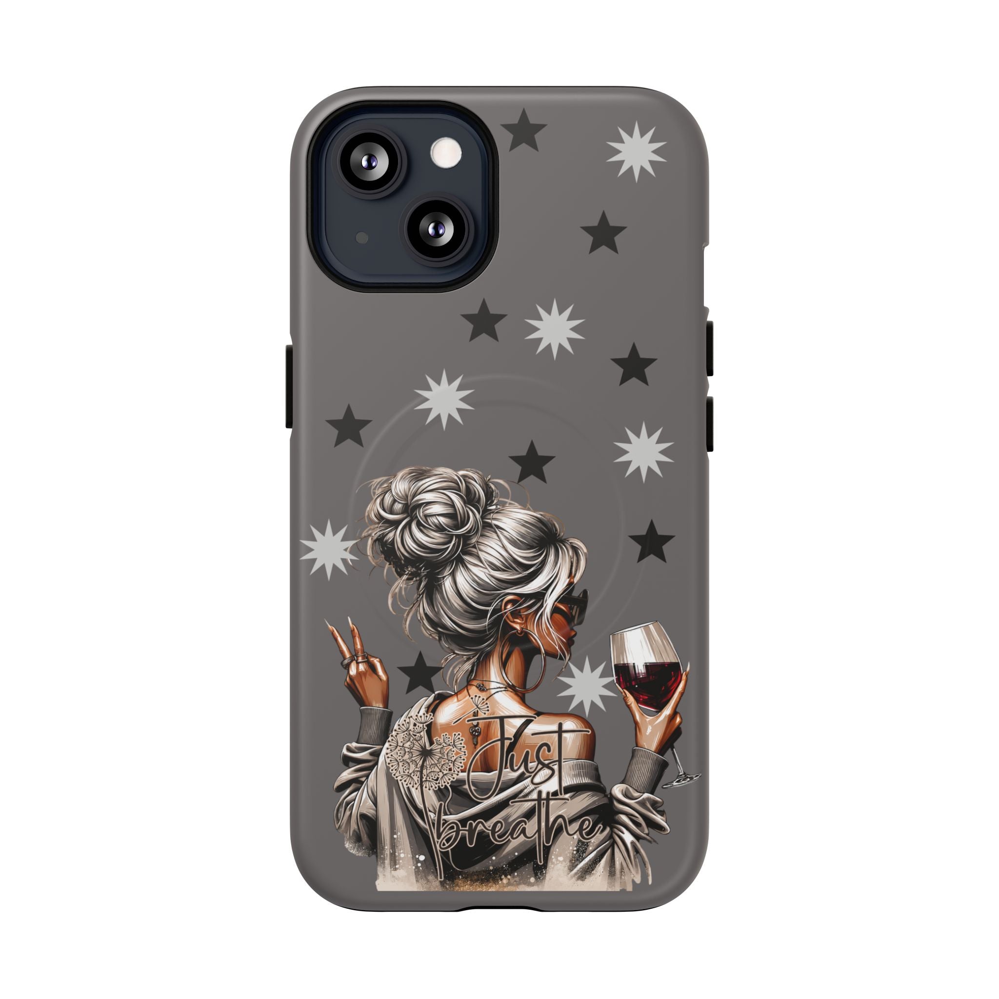 Tough magnetic phone case with gray finish, star pattern, and illustrated woman