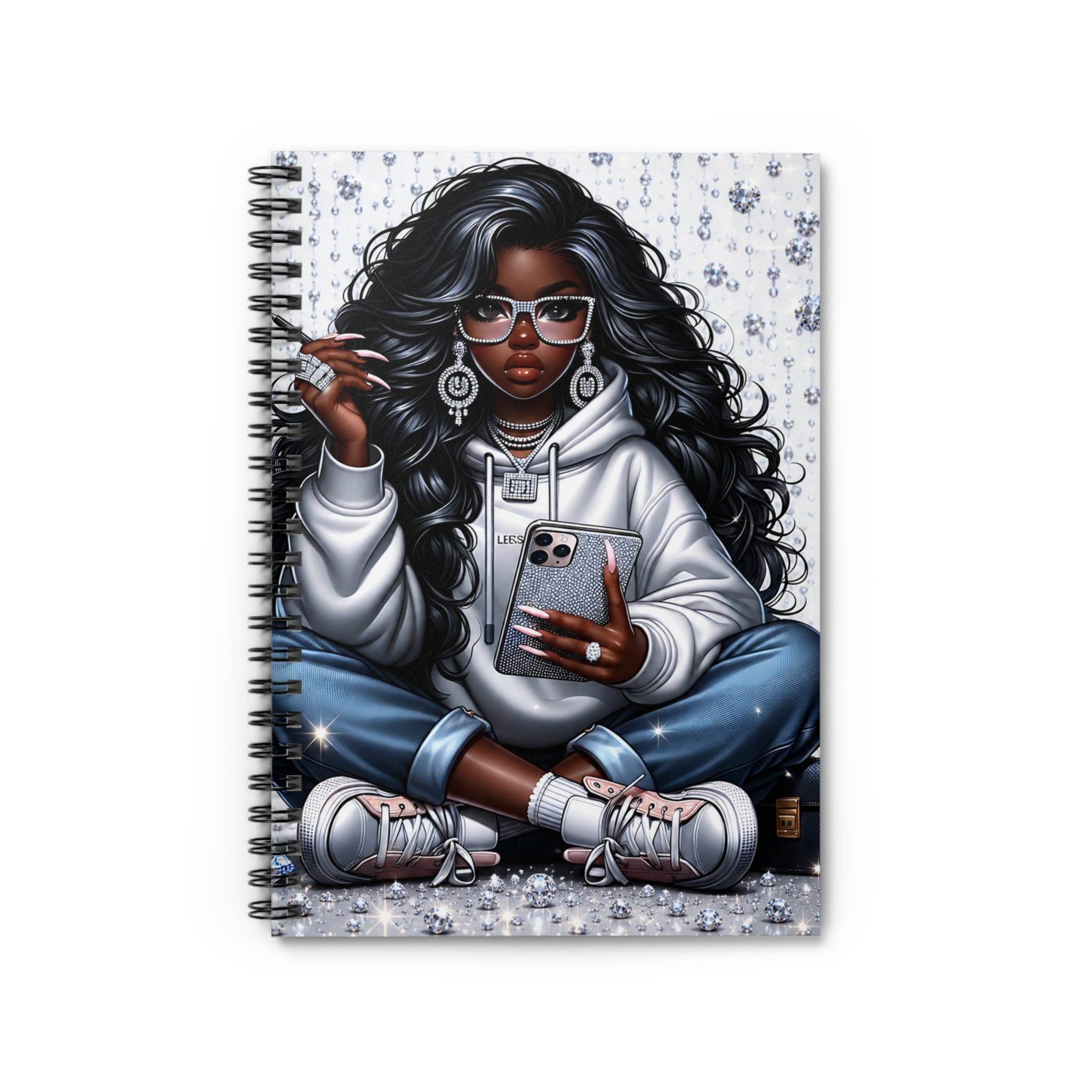 Stylish Curly-Haired Girl Hoodie Illustration Spiral Notebook | Ruled
