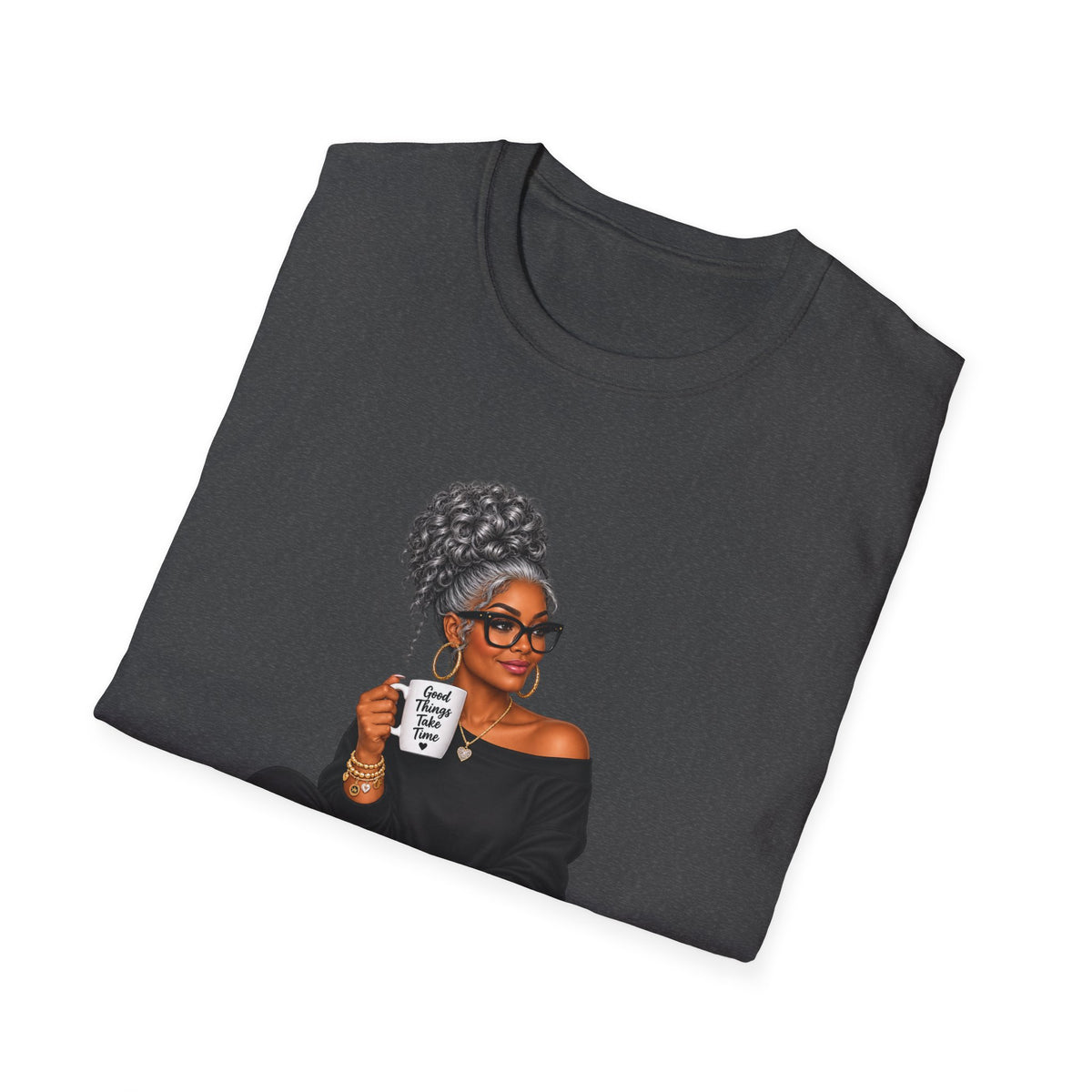 T-Shirt — Cozy Black Woman Illustration with Coffee (Relaxed Lounge Tee)