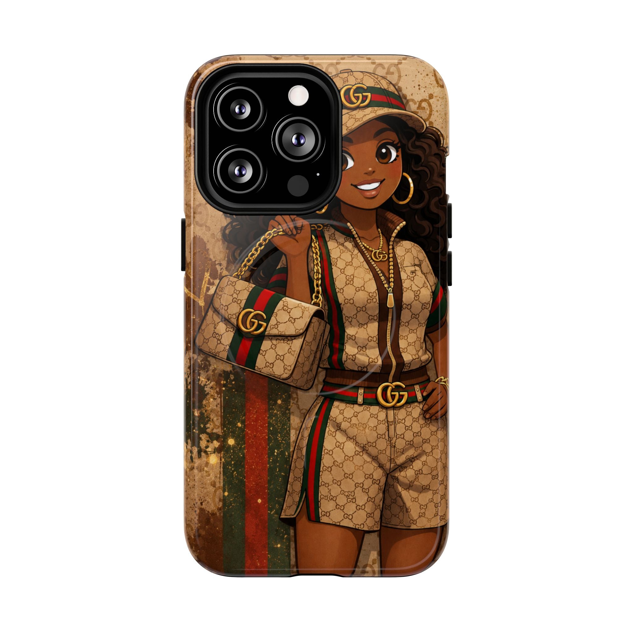 Phone case featuring cartoon girl artwork on brown monogram background, camera cutouts