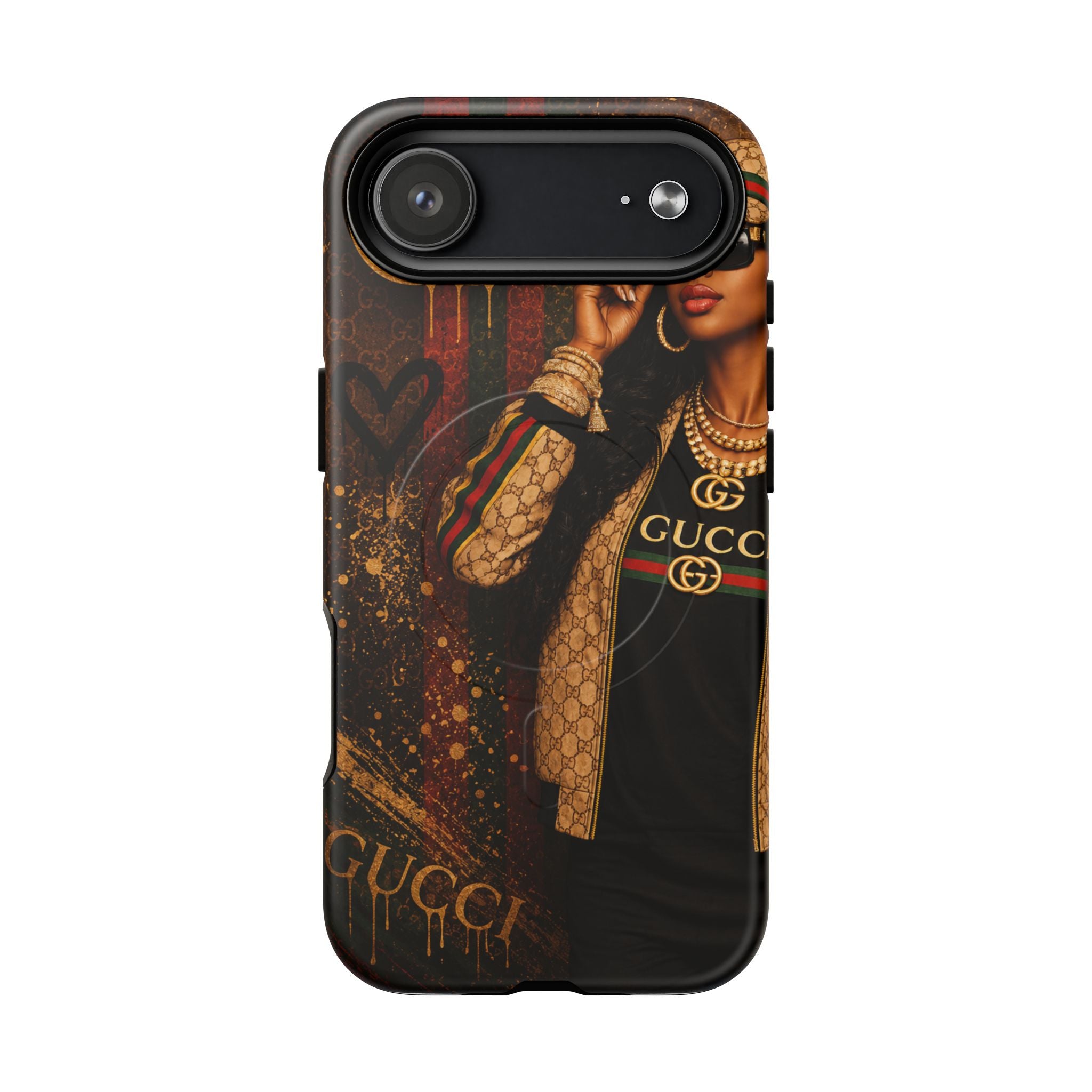 Magnetic phone case with Gucci logo print, dark brown/black portrait design and camera bar cutout