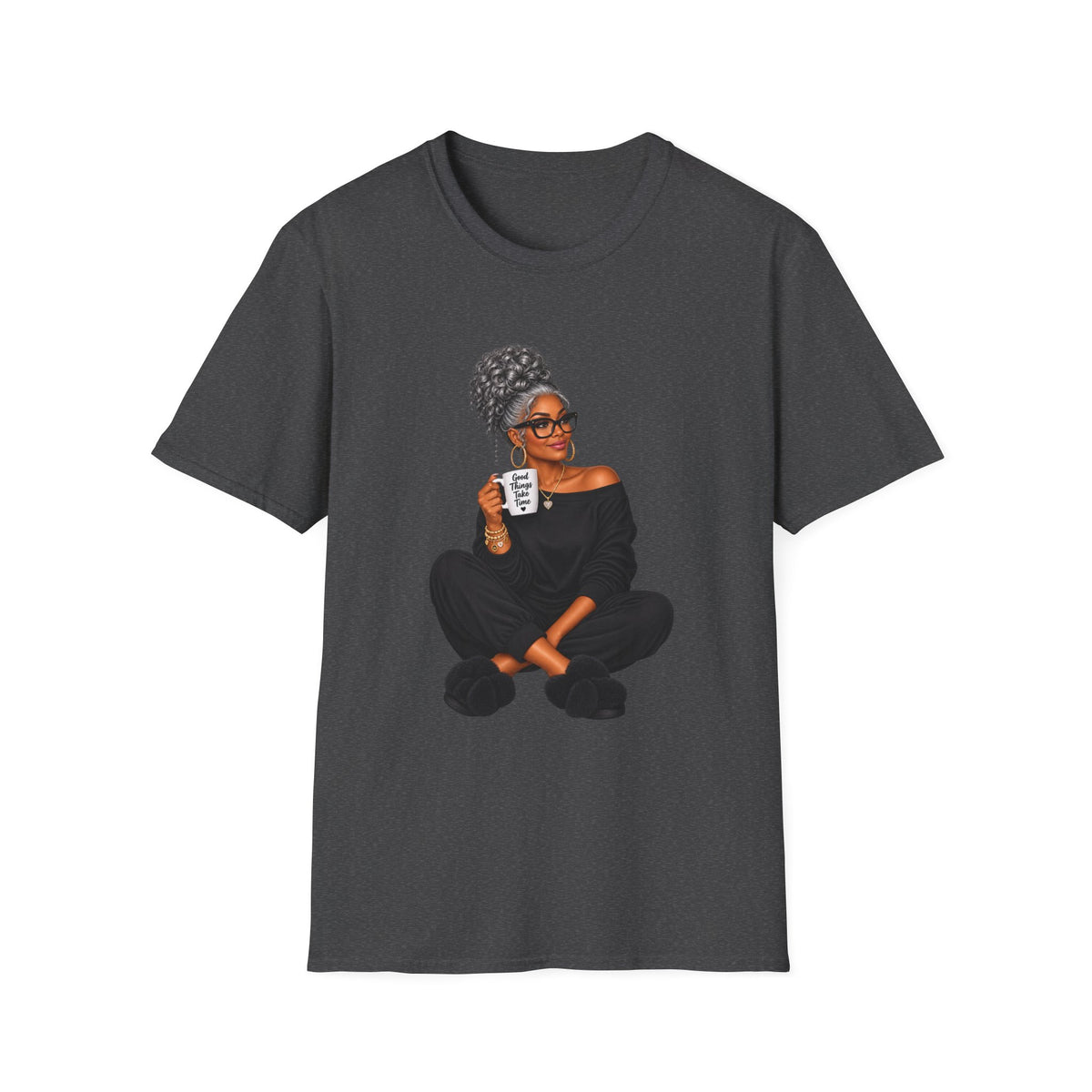 T-Shirt — Cozy Black Woman Illustration with Coffee (Relaxed Lounge Tee)