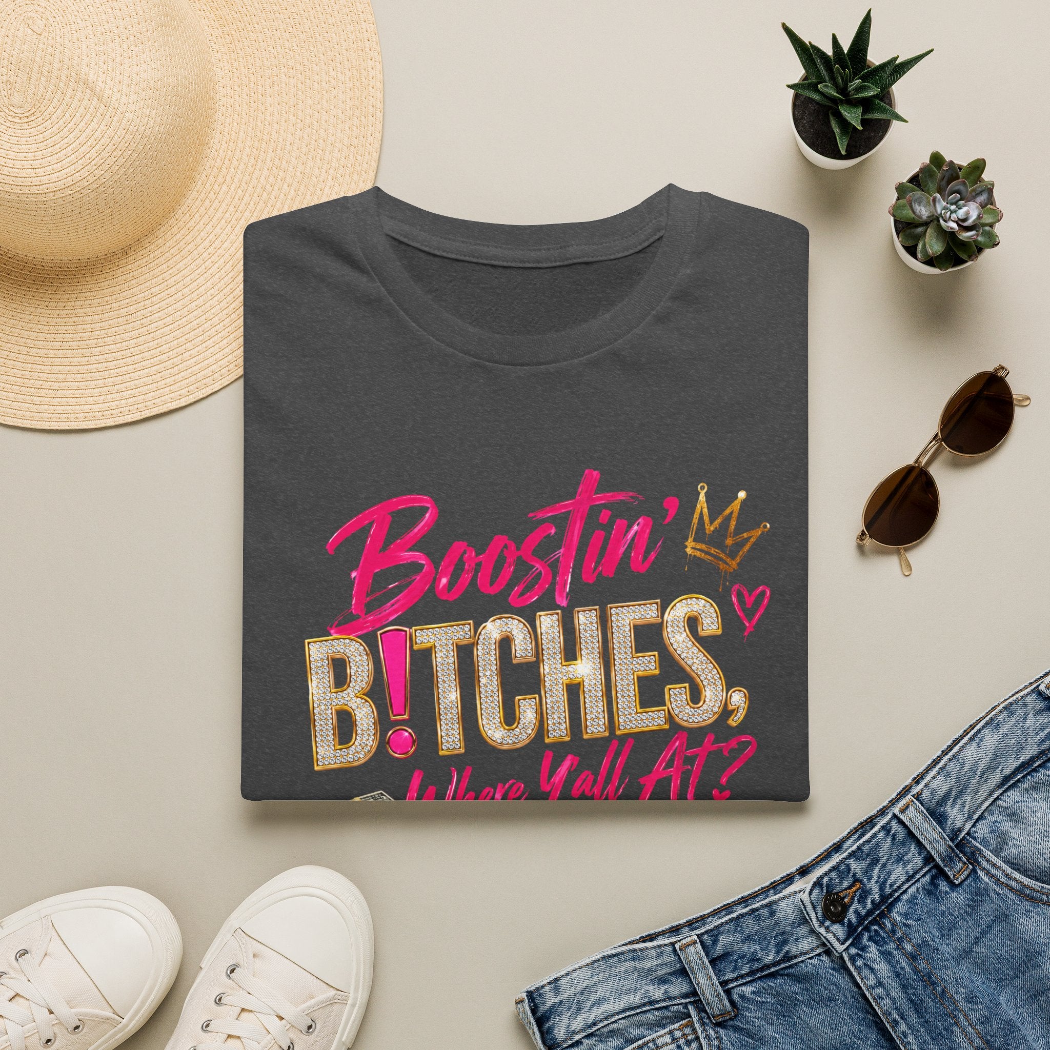 Dark heather crew-neck graphic T-shirt with pink "Boostin'" "B!TCHES" and "Where y'all at?" print