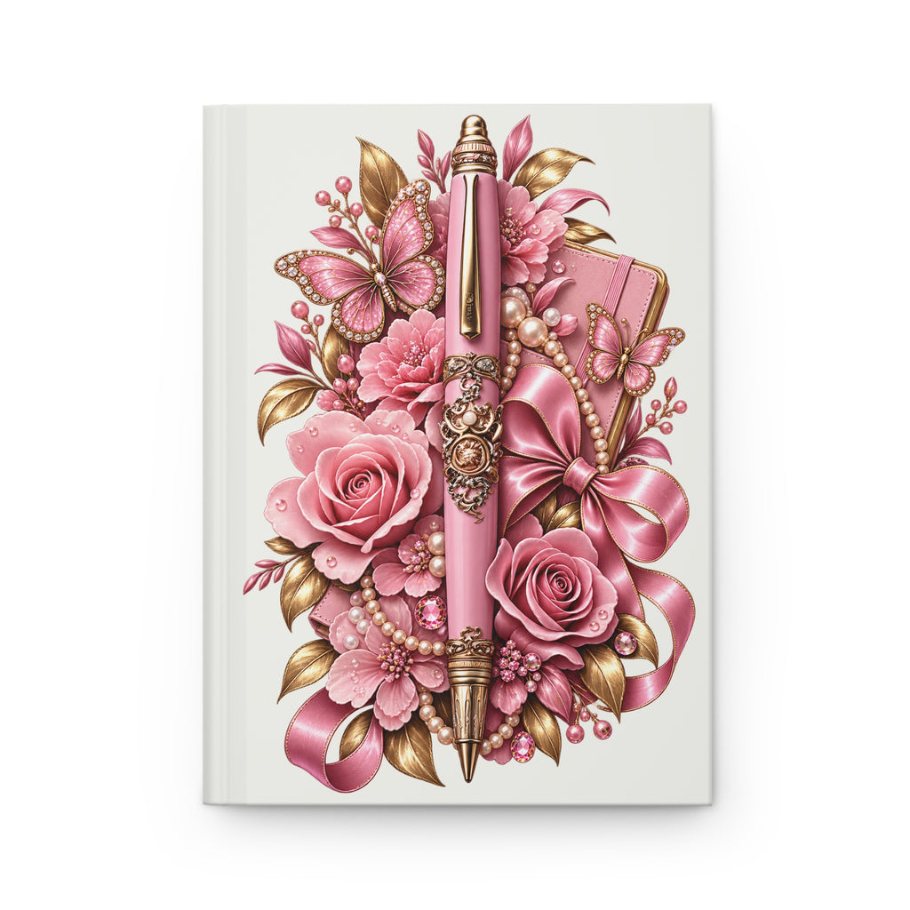 Floral Pink Pen Hardcover Journal — Elegant Rose Bouquet Notebook for Writing, Gifts & Journaling