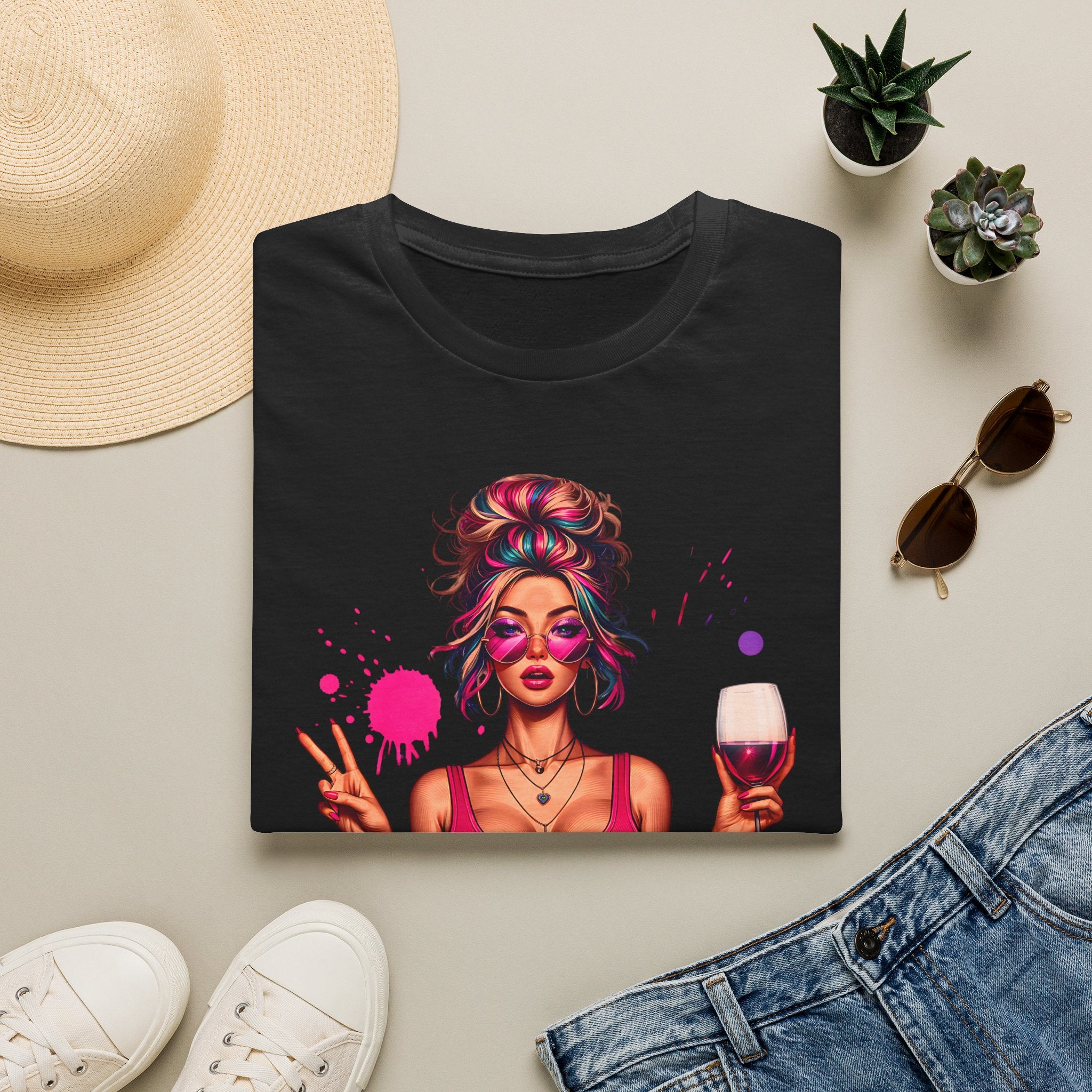 Black women’s wine mom graphic t-shirt with colorful illustrated woman holding a red wine glass
