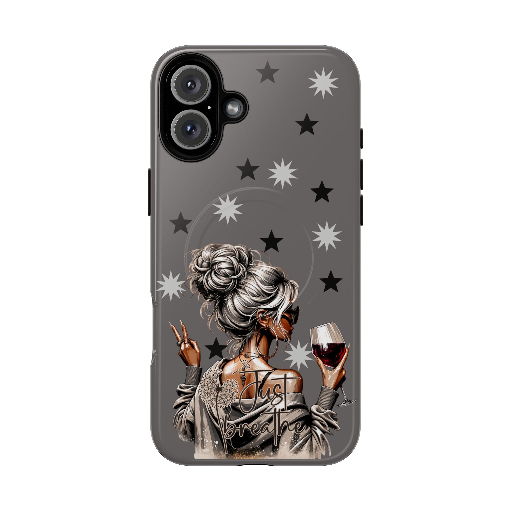 Tough magnetic phone case, dark gray with star pattern and woman holding wine, triple camera cutout