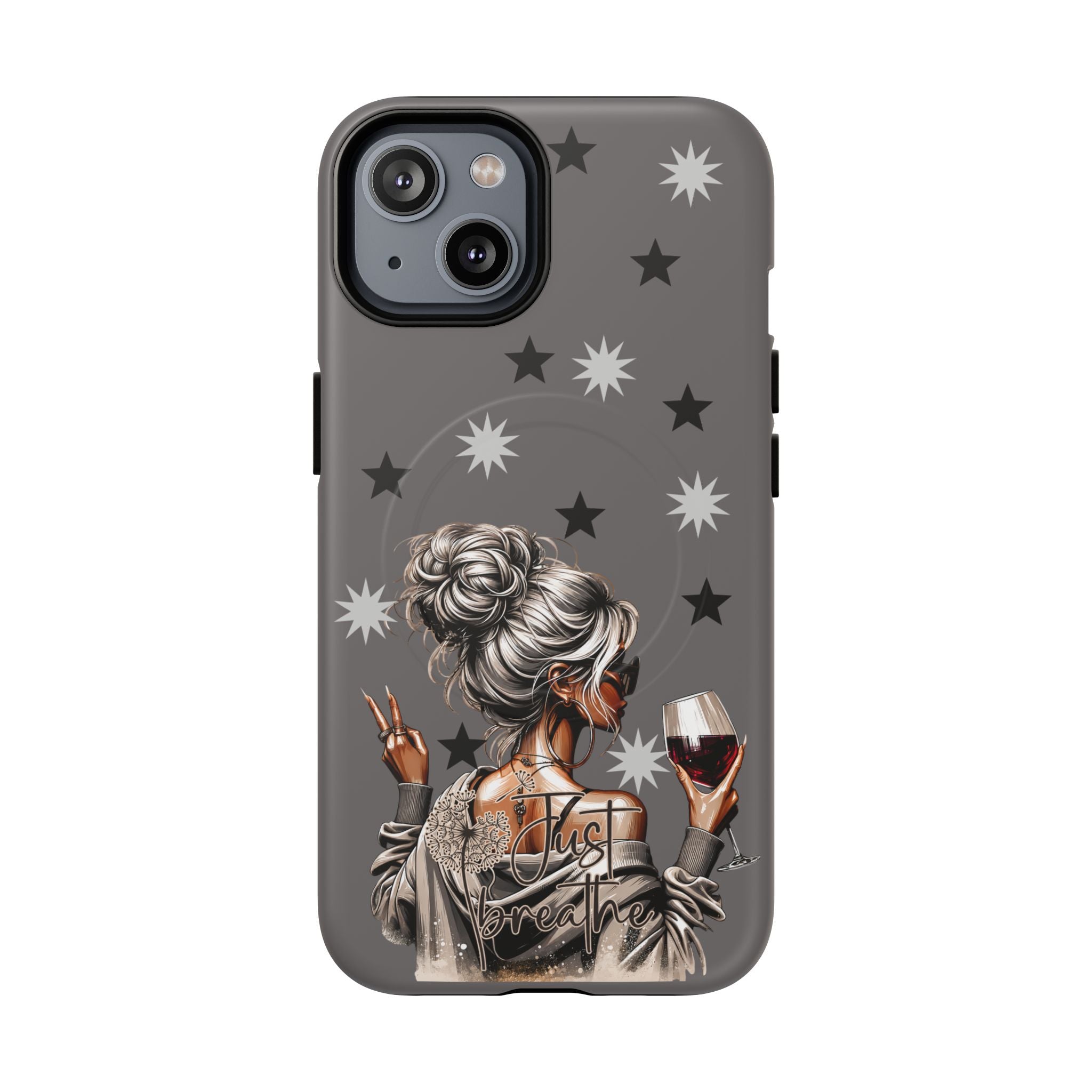 Dark gray phone case with star pattern and illustrated woman holding wine, Just Breathe text