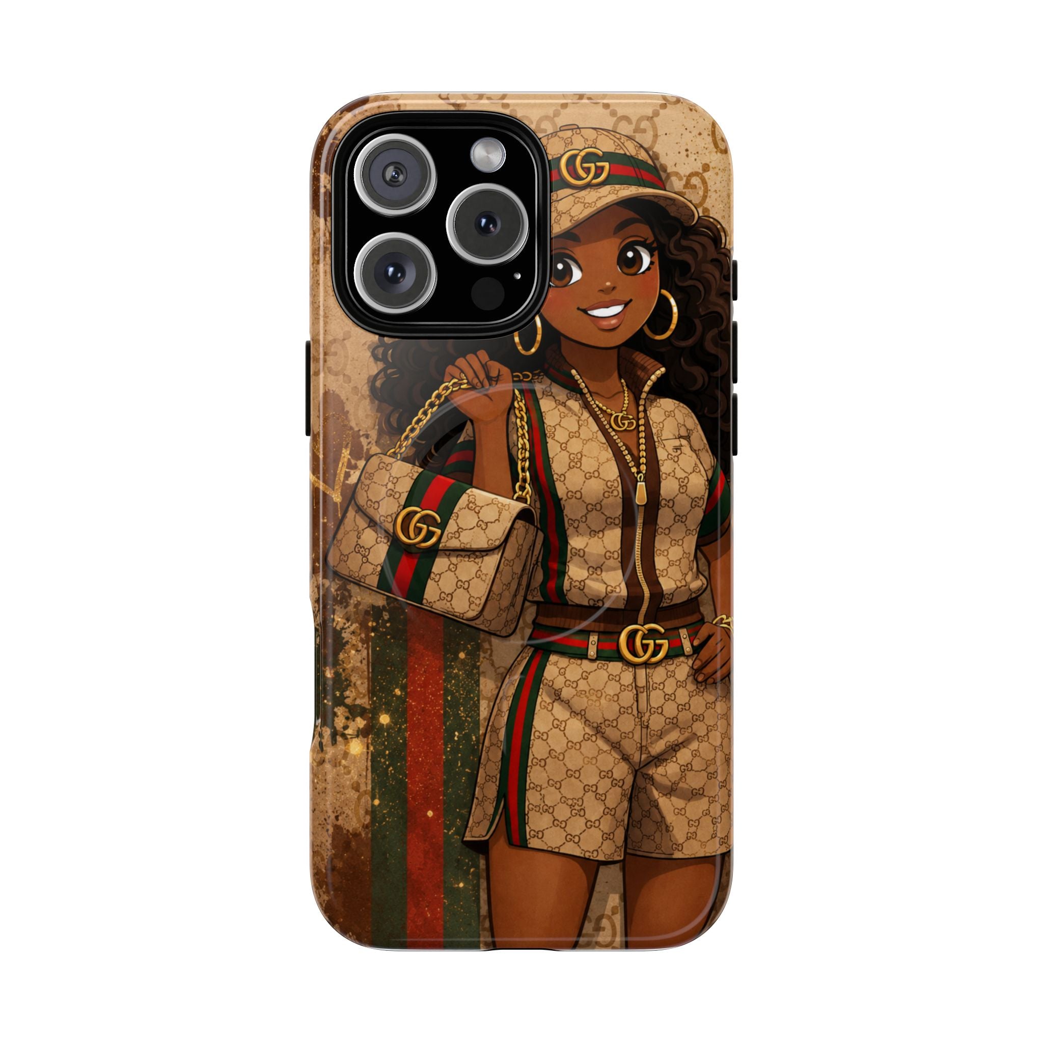 Phone case with gold-brown character artwork, black camera module, and striped dress panel