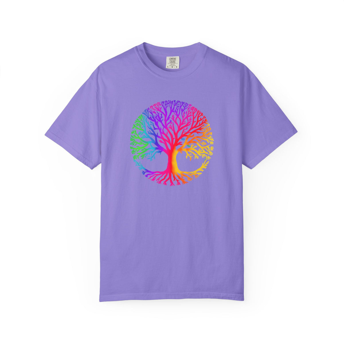Violet T-shirt with colorful rainbow tree of life graphic centered on the front.