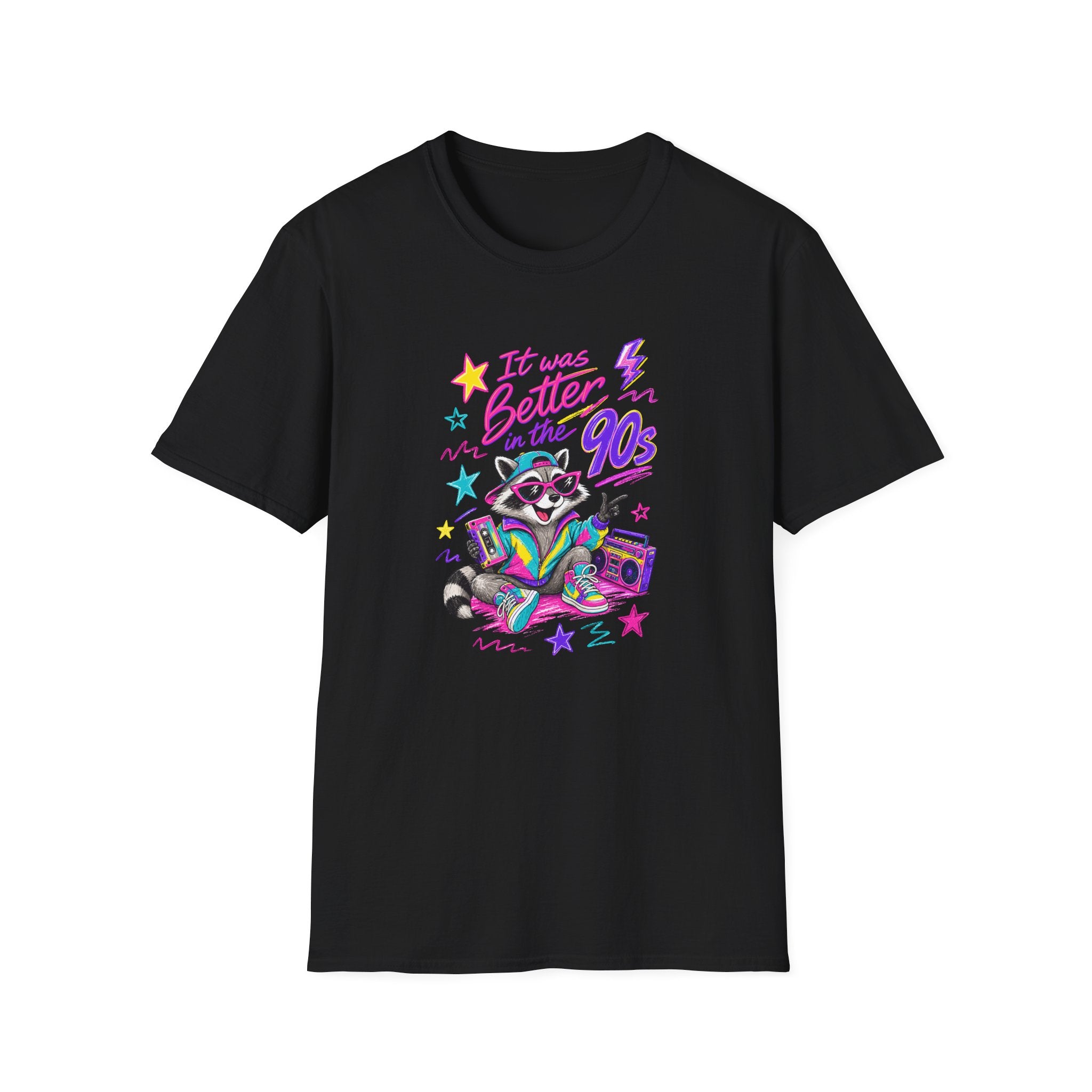 Black crewneck T-shirt with colorful “It was Better in the 90s” raccoon graphic