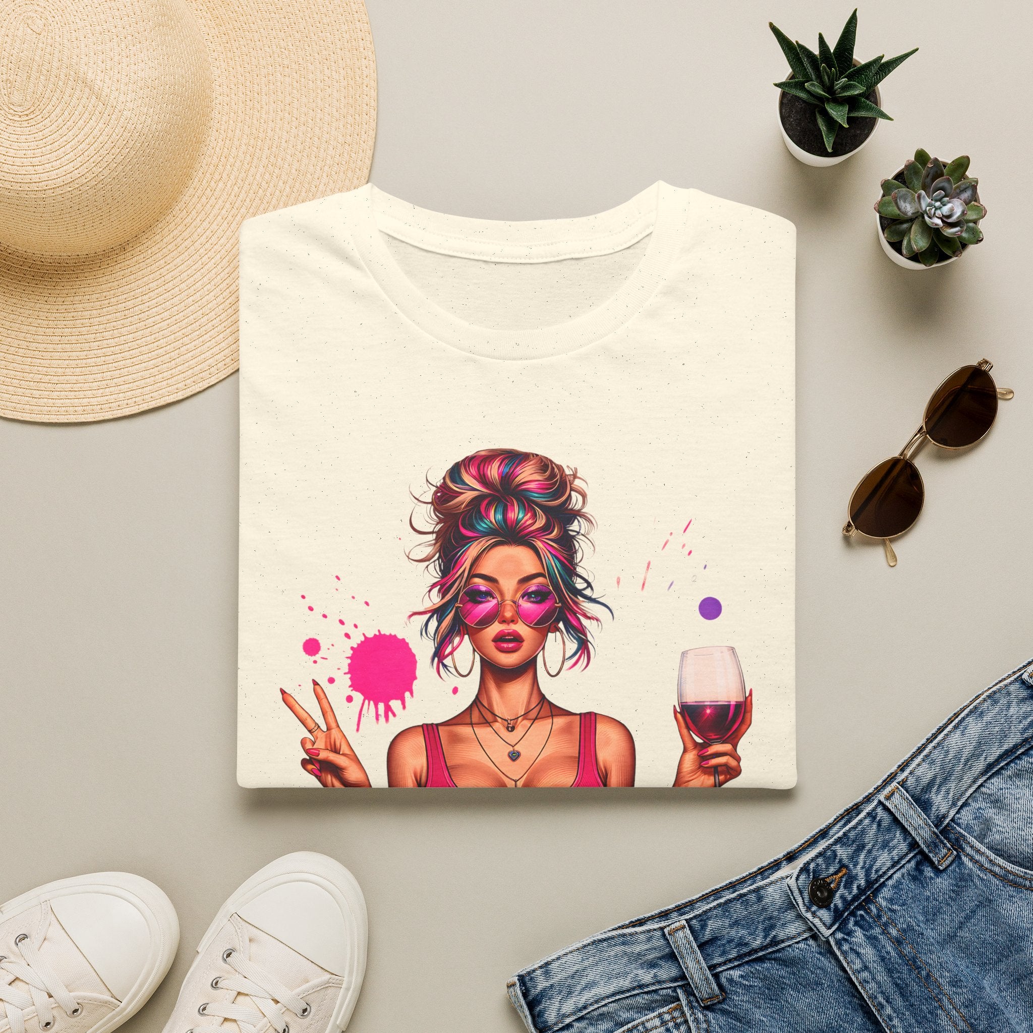 Natural/off-white women’s wine mom graphic t-shirt with colorful illustrated woman holding a red wine glass