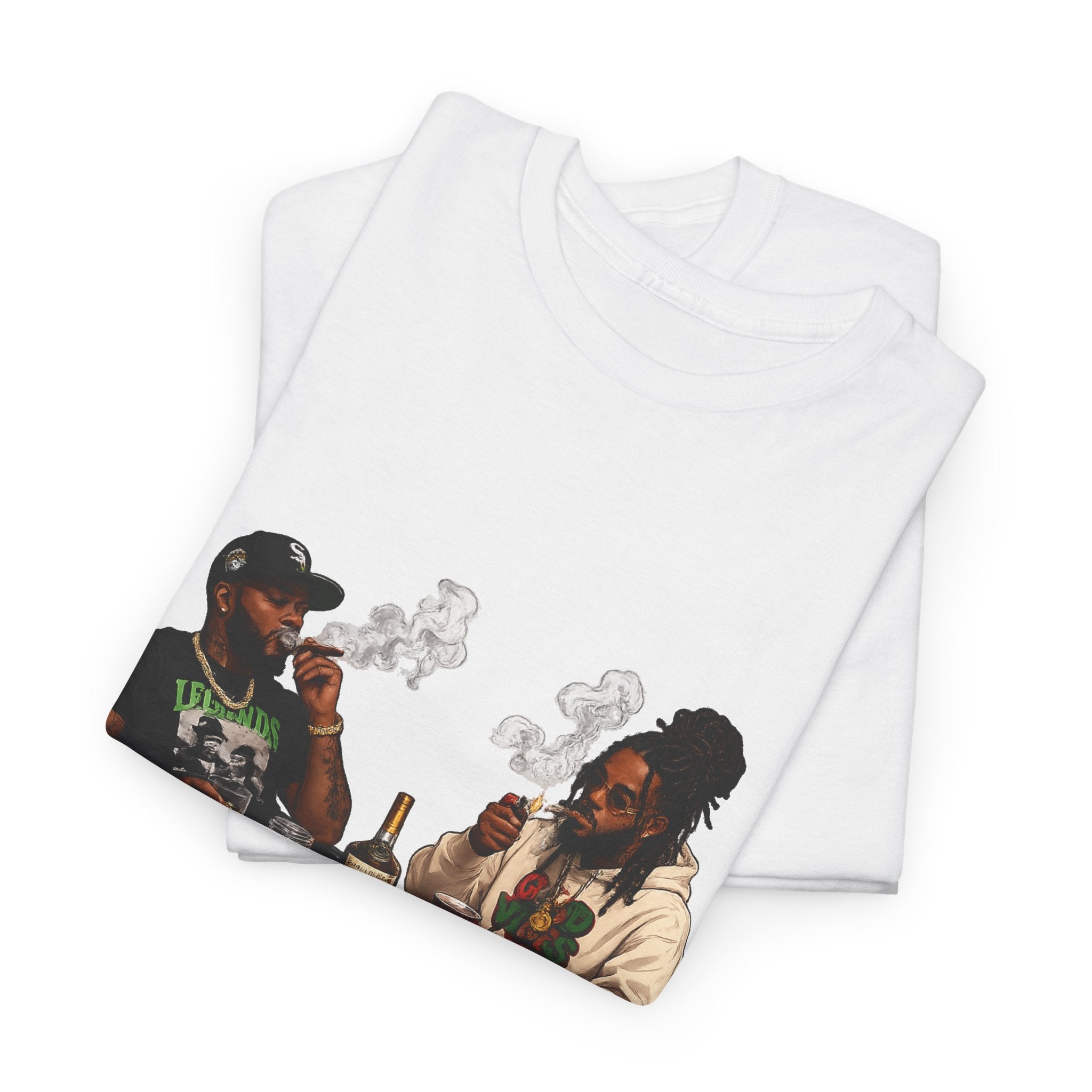 Two Friends Smoking at Table Tee | Casual Scene, Retro Illustration