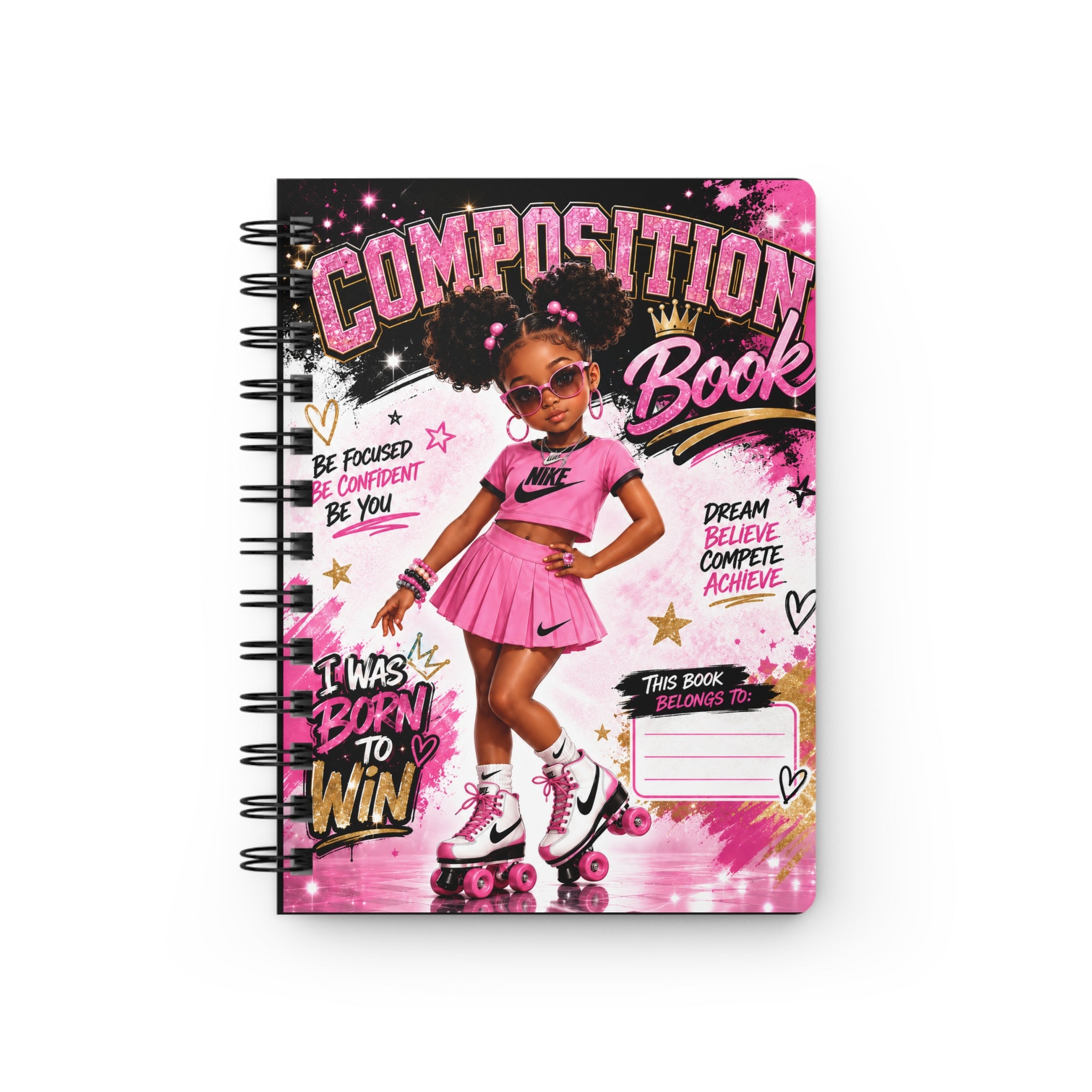Composition Notebook — Pink Roller Girl 'Born to Win' Spiral Journal