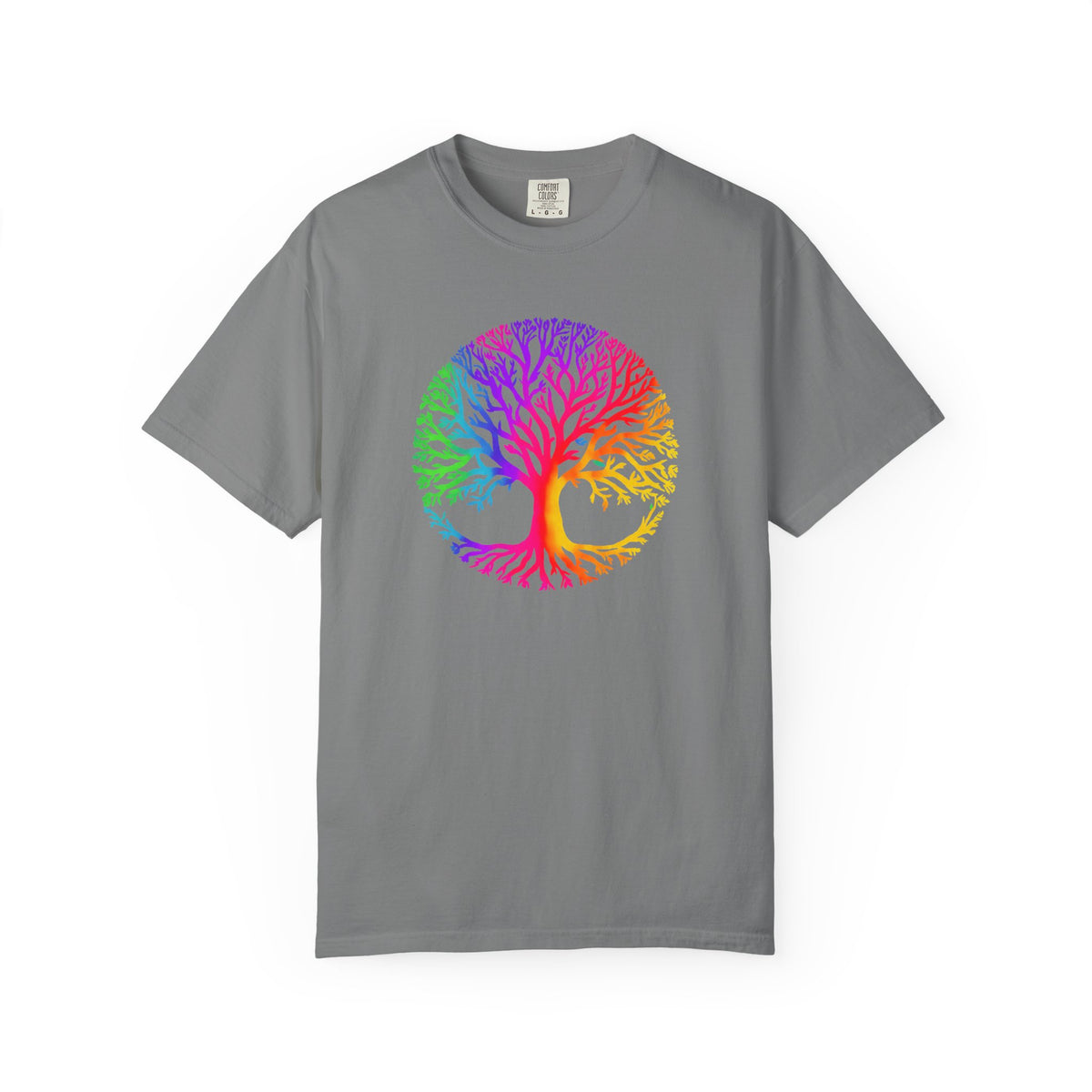 Gray T-shirt with colorful rainbow tree of life graphic centered on the front.