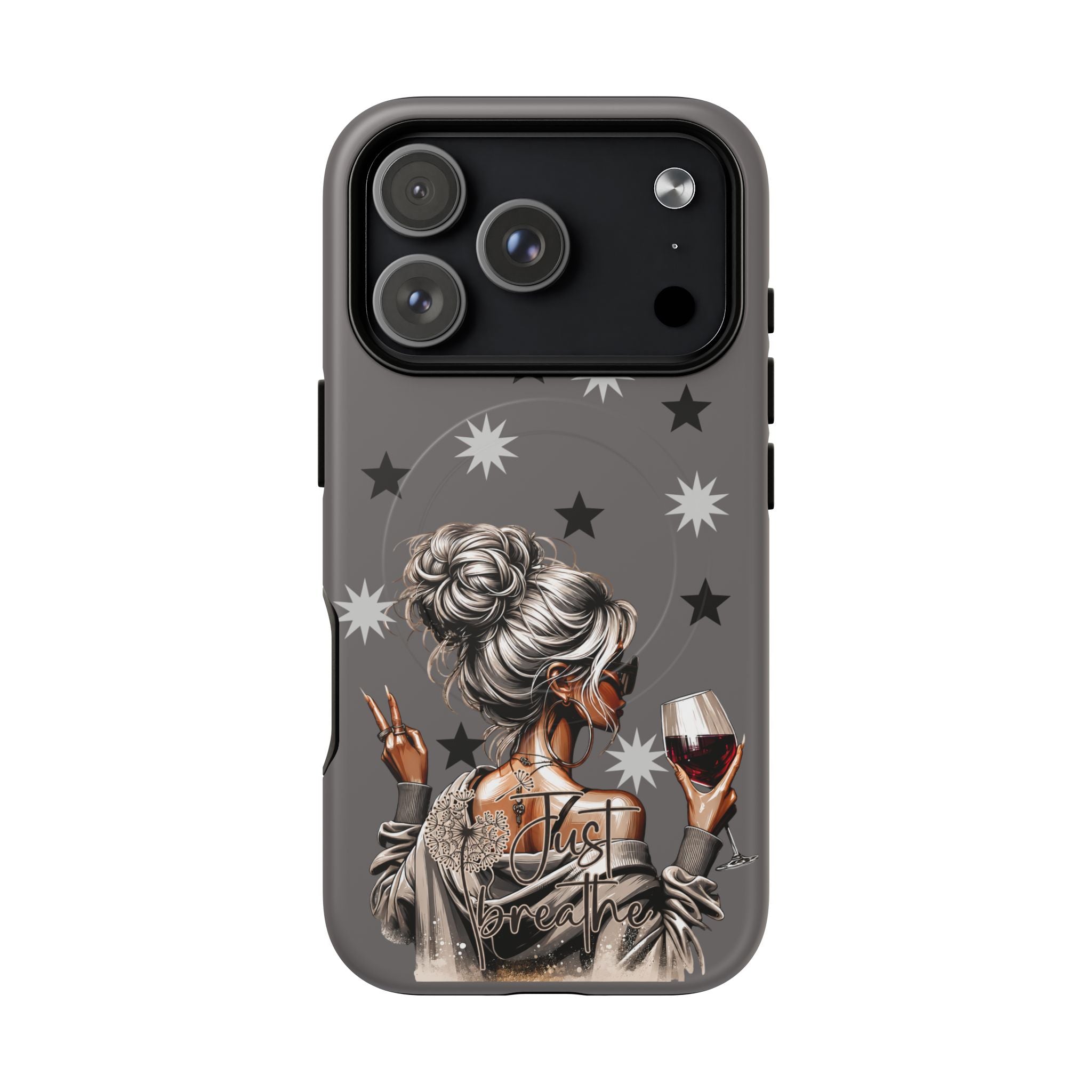 Tough magnetic phone case, dark gray with star pattern and woman holding wine, triple camera cutout