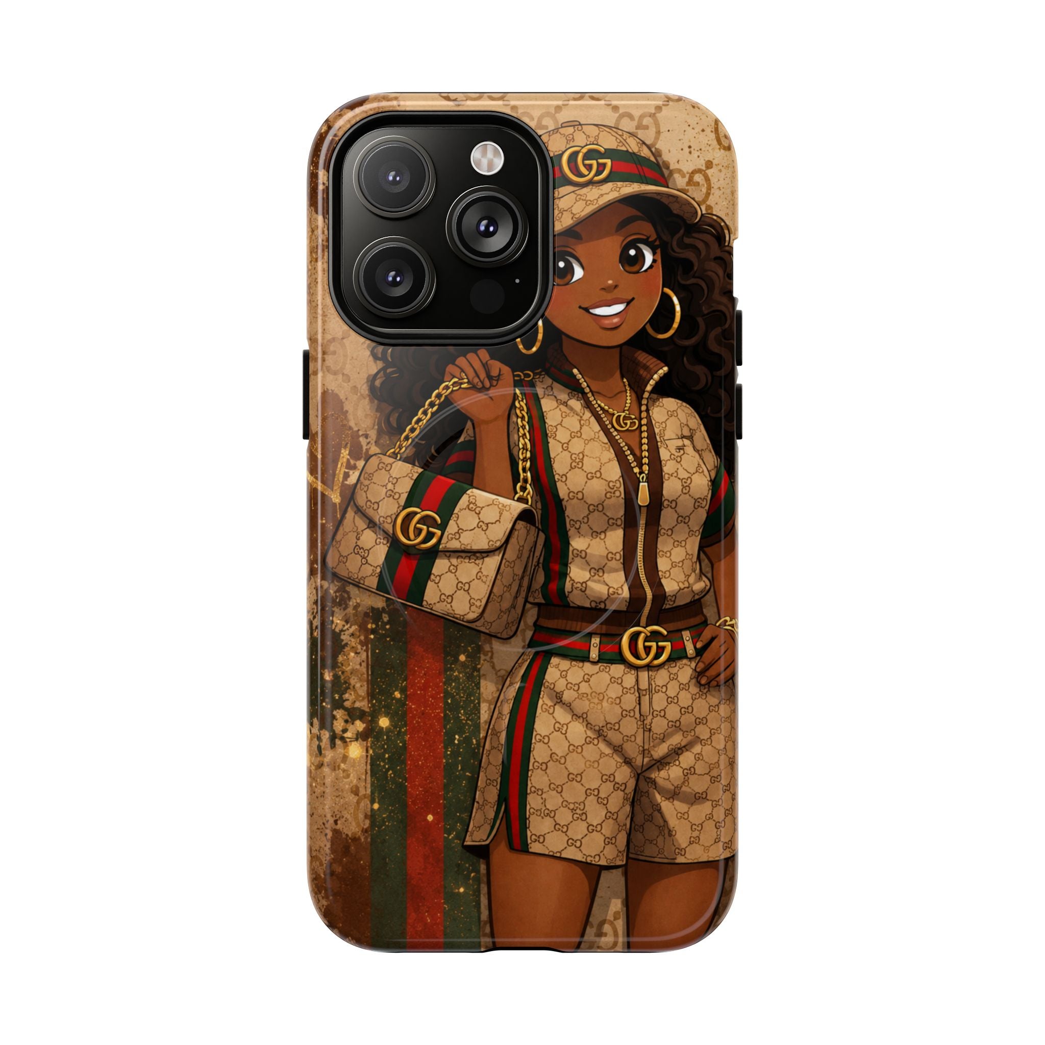 Phone case with gold-brown Gucci-style artwork, black camera cover, and portrait on back
