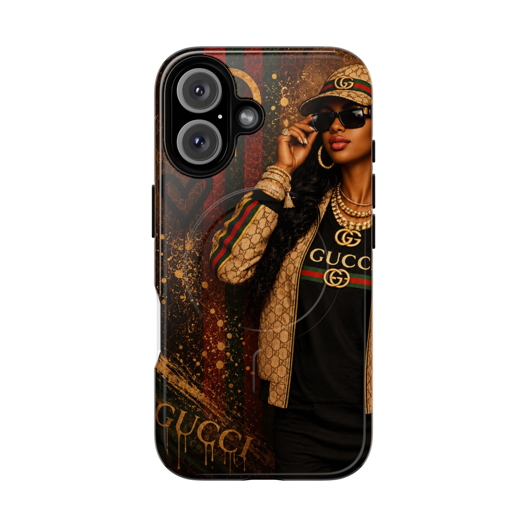 Tough phone case with Gucci logo print, dark brown/black street-art portrait and triple cameras