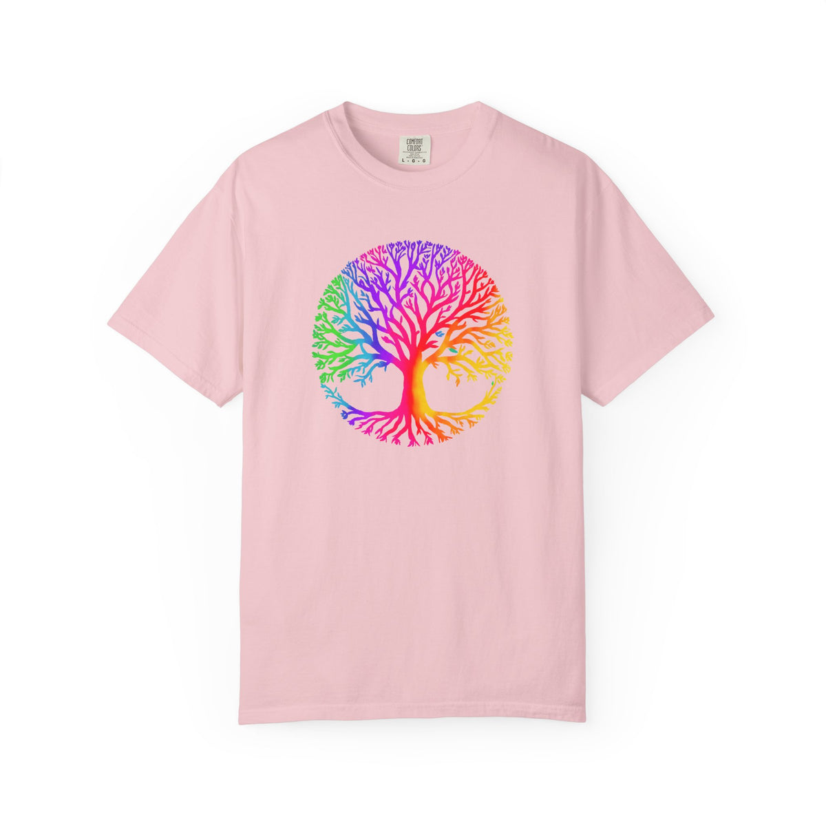 Blush pink T-shirt with colorful rainbow tree of life graphic on the front.
