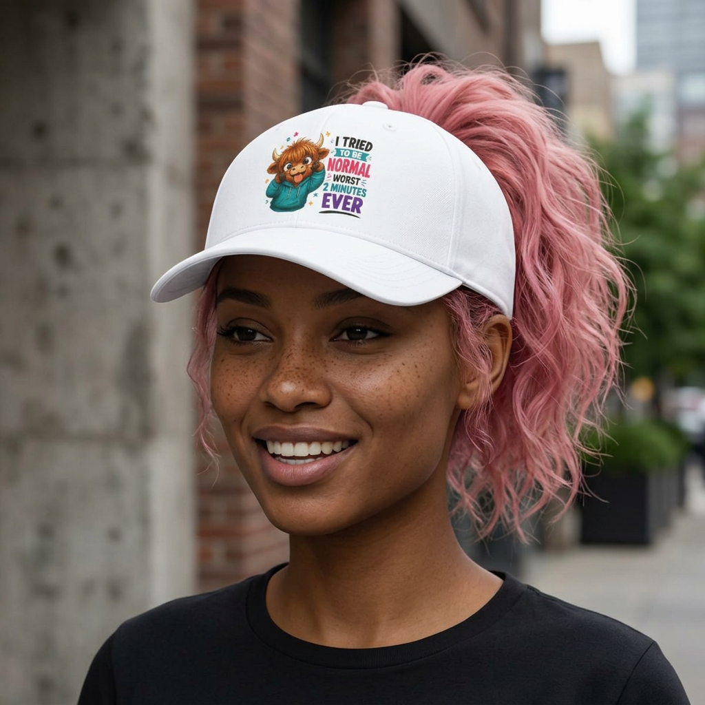 Cute Highland Cow Baseball Cap - "I Tried to Be Normal" Funny Farm Hat