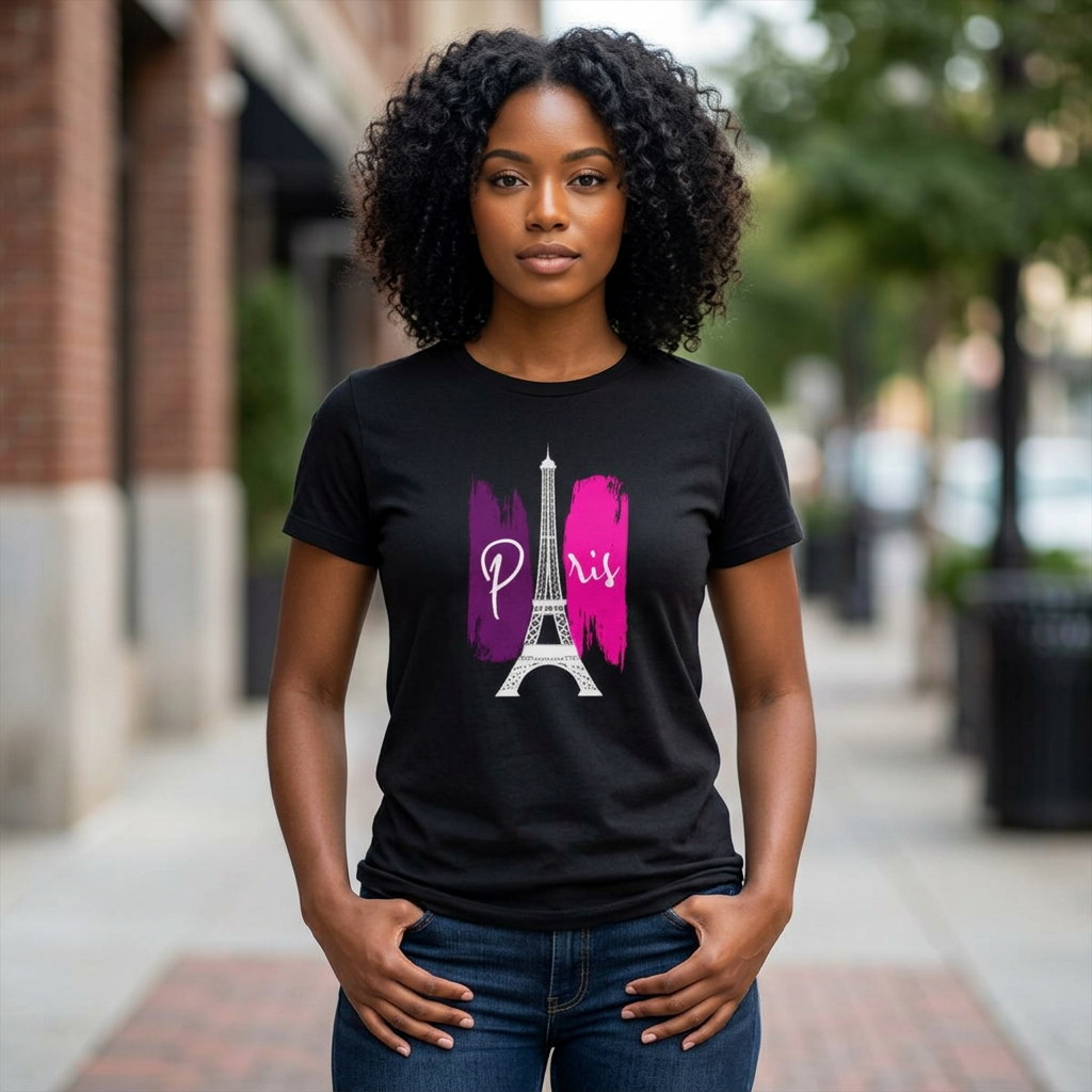 Paris Eiffel Tower Women's Tee — Pink Brushstroke Travel T‑Shirt