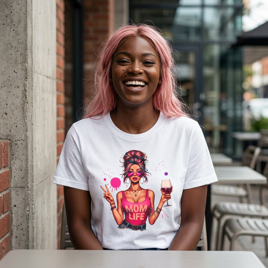 White women’s wine mom graphic t-shirt with colorful illustrated woman holding a red wine glass