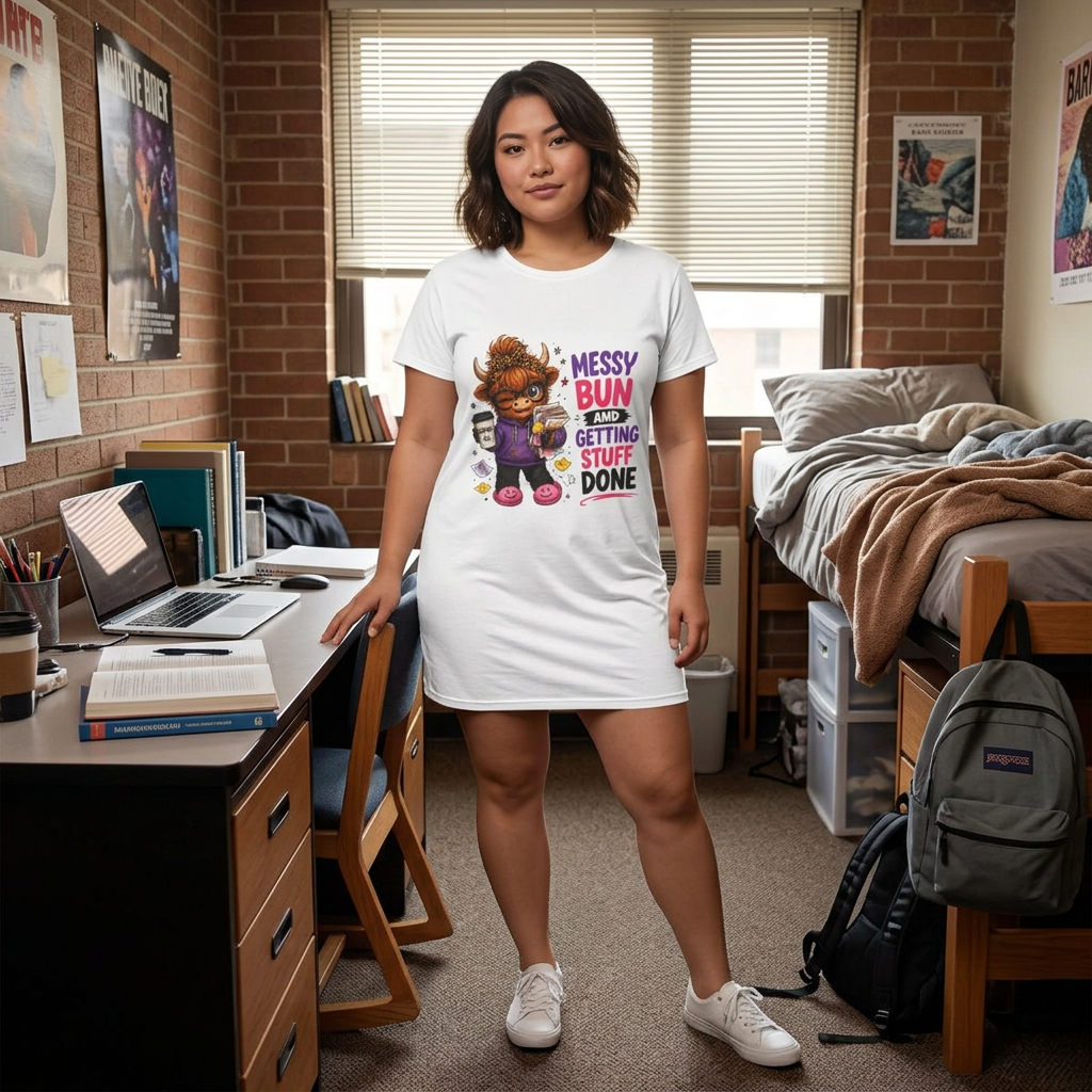 T-Shirt Dress — "Messy Bun and Getting Stuff Done" Graphic Dress