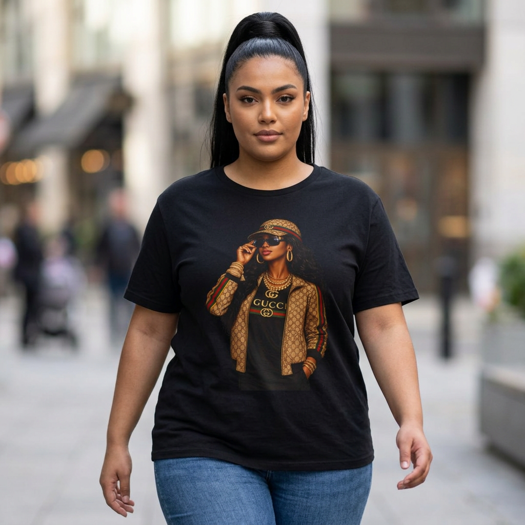 Black graphic T-shirt with portrait artwork and GUCCI text on front