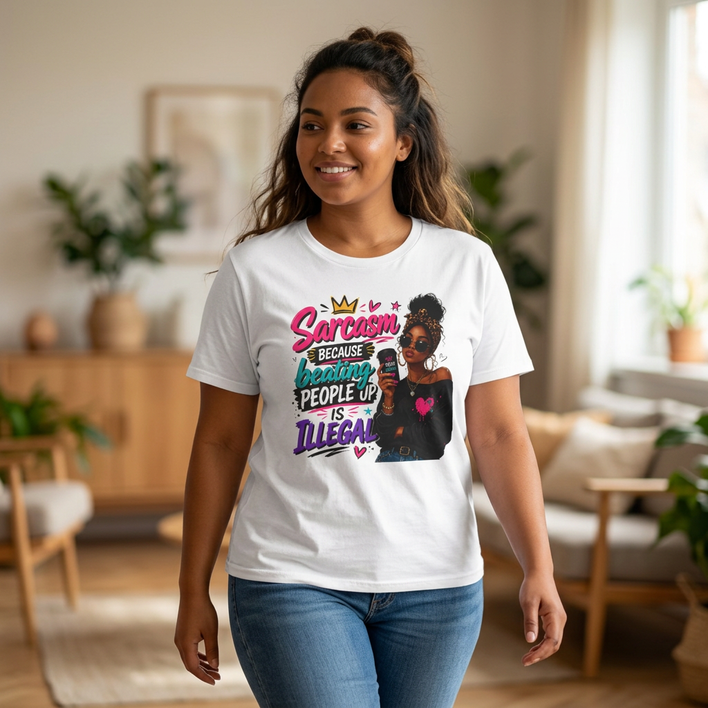Sarcasm Because Brating People Up Is Illegal T-Shirt — Bold Funny Graphic Tee for Sassy Women
