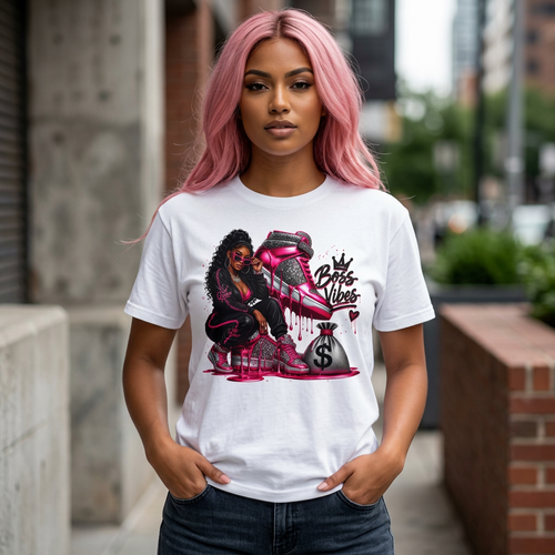 White t-shirt on model; front graphic shows pink boots, “Boss Vibes,” and $ sign