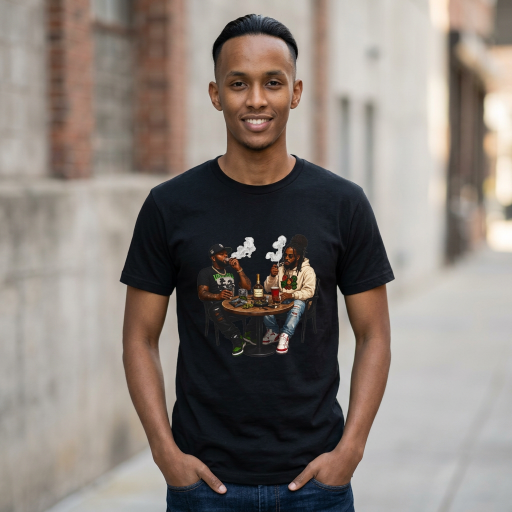 Two Friends Smoking at Table Tee | Casual Scene, Retro Illustration