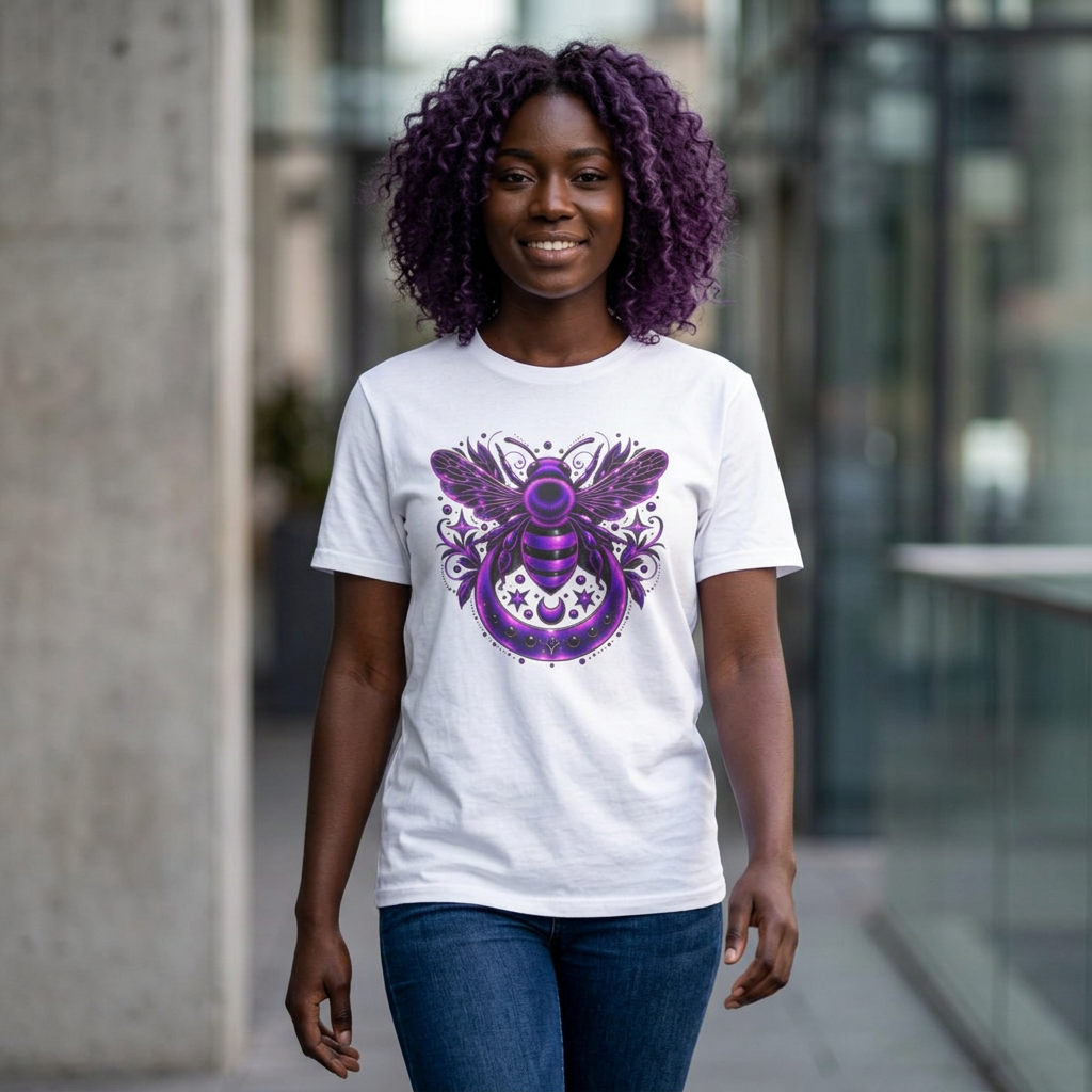 Mystic Purple Bee T-Shirt — Gothic Moon & Stars Graphic Tee