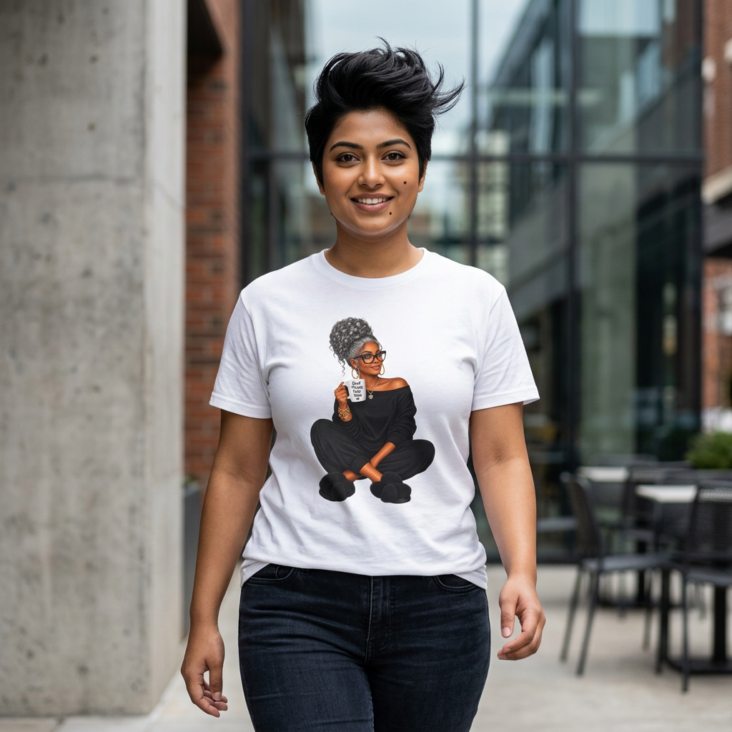 T-Shirt — Cozy Black Woman Illustration with Coffee (Relaxed Lounge Tee)