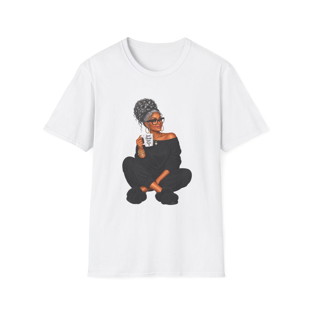 T-Shirt — Cozy Black Woman Illustration with Coffee (Relaxed Lounge Tee)
