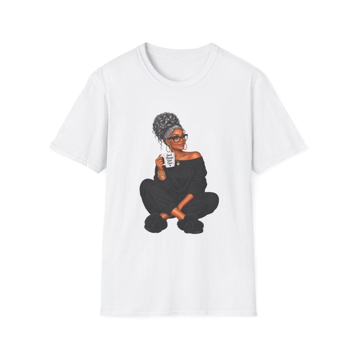 T-Shirt — Cozy Black Woman Illustration with Coffee (Relaxed Lounge Tee)