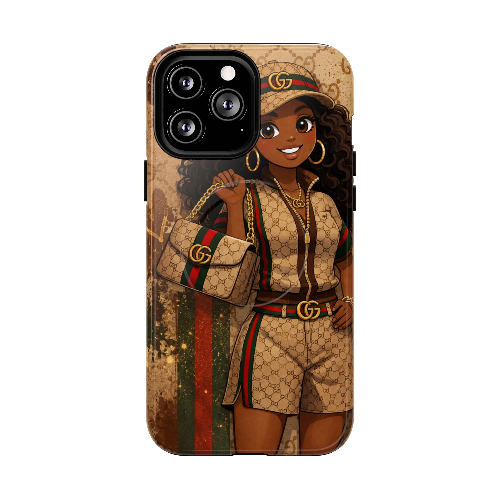 Phone case with cartoon girl and brown monogram print, camera module with cutouts