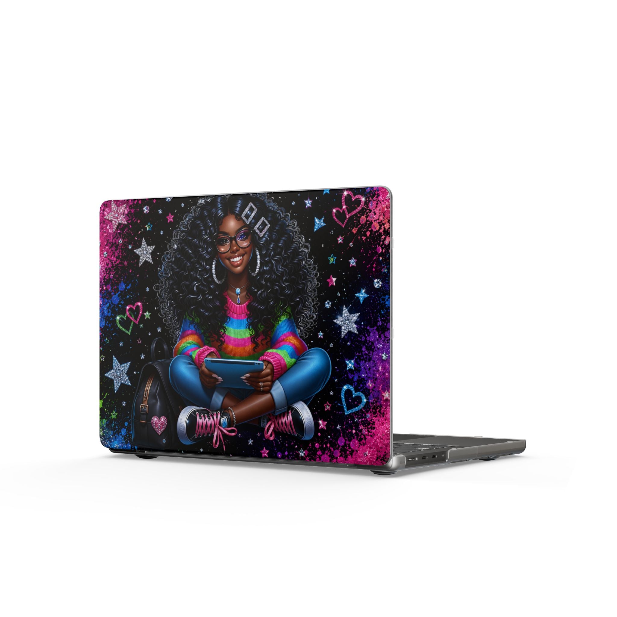 Afro Girl with Rainbow Sweater MacBook Case | Cute Star & Heart Laptop Skin